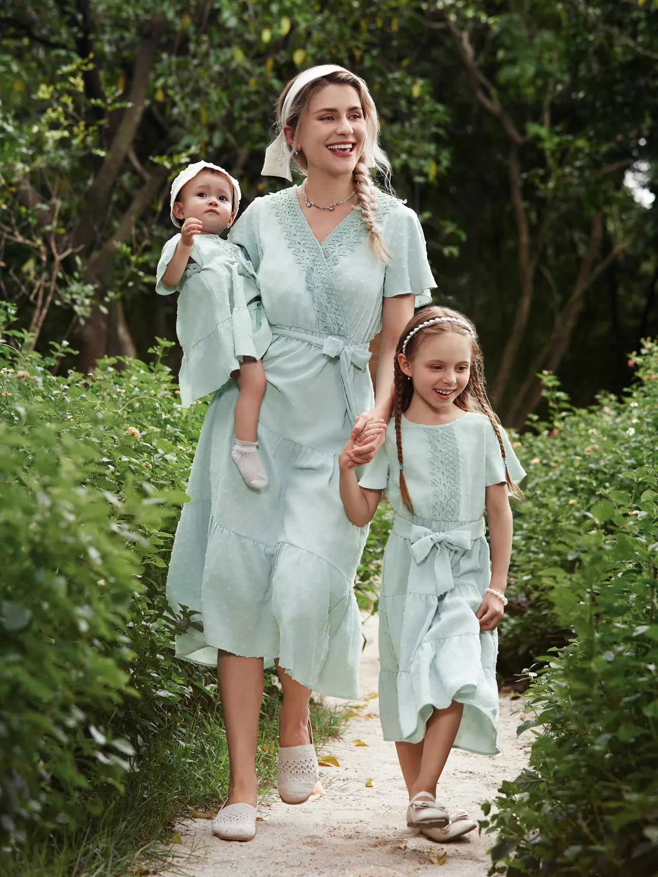 Matching Mum and Daughter Dresses - Light Green Dress Ruffle Hem  (Lace Trim,Tiered )