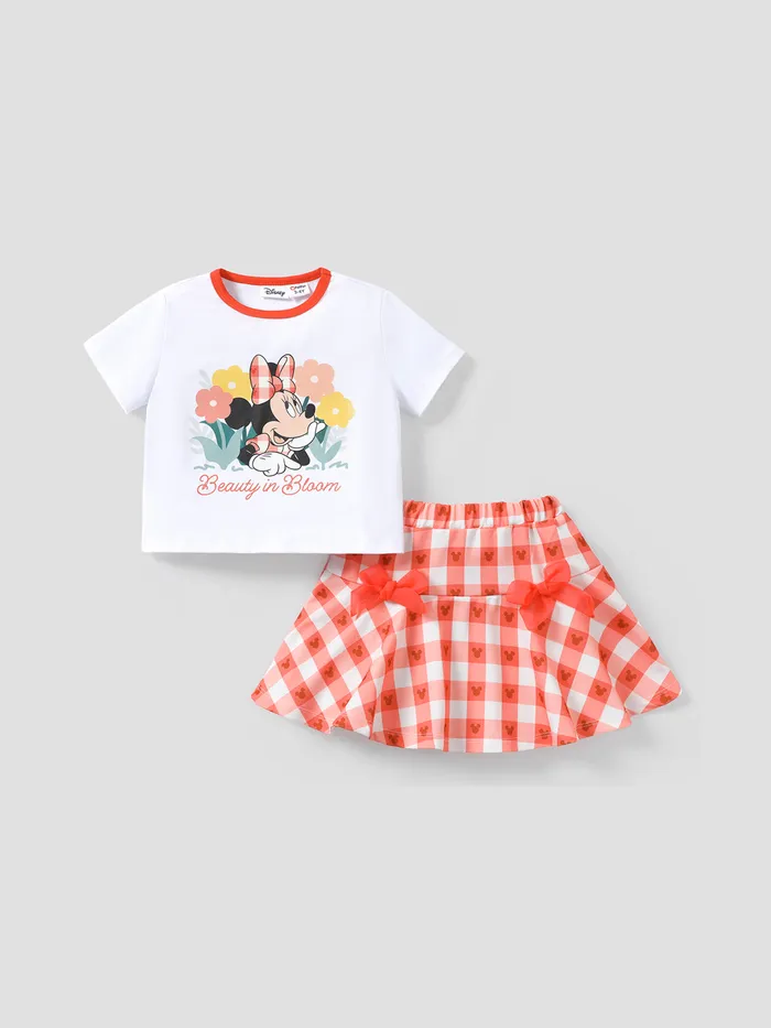 Conjunto de Camiseta com Estampa Floral Chracter para Crianças/Meninas da Disney Mickey e Friends 2pcs com Saia Xadrez Laço