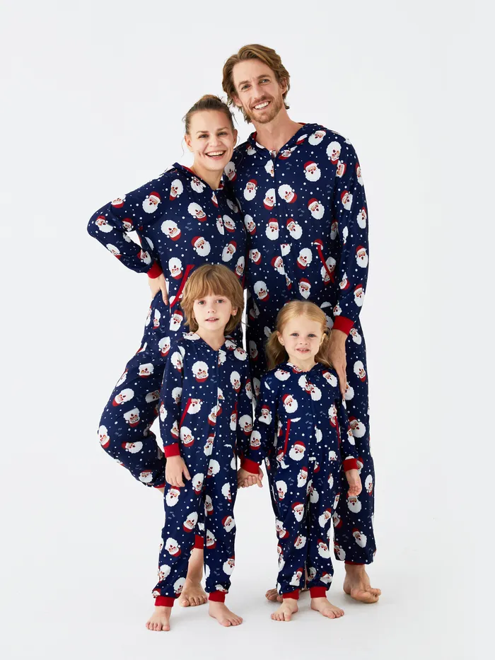 Christmas Santa Allover Print Family Matching Long-sleeve Hooded Onesies Pajamas Sets (Flame Resistant)