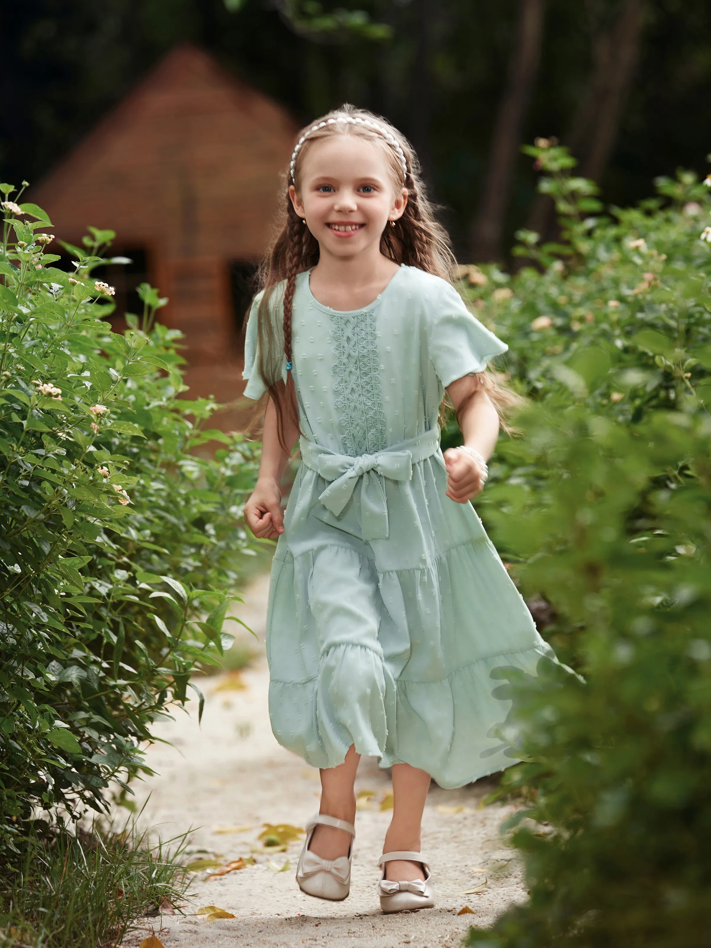 

Mommy and Me Green Swiss Dots Lace Trim Tiered Ruffle Hem Dresses with Hidden Snap