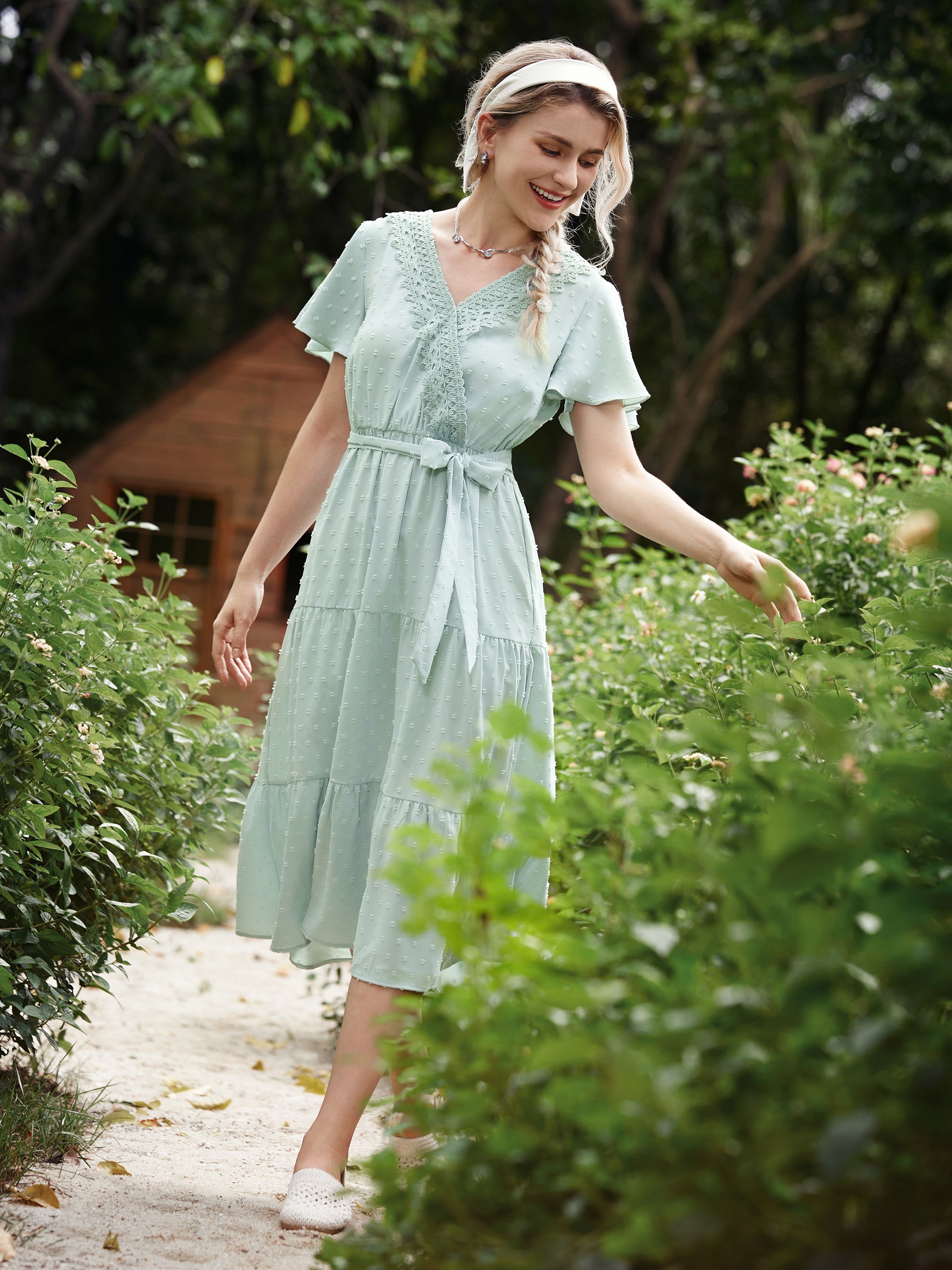 

Mommy and Me Green Swiss Dots Lace Trim Tiered Ruffle Hem Dresses with Hidden Snap