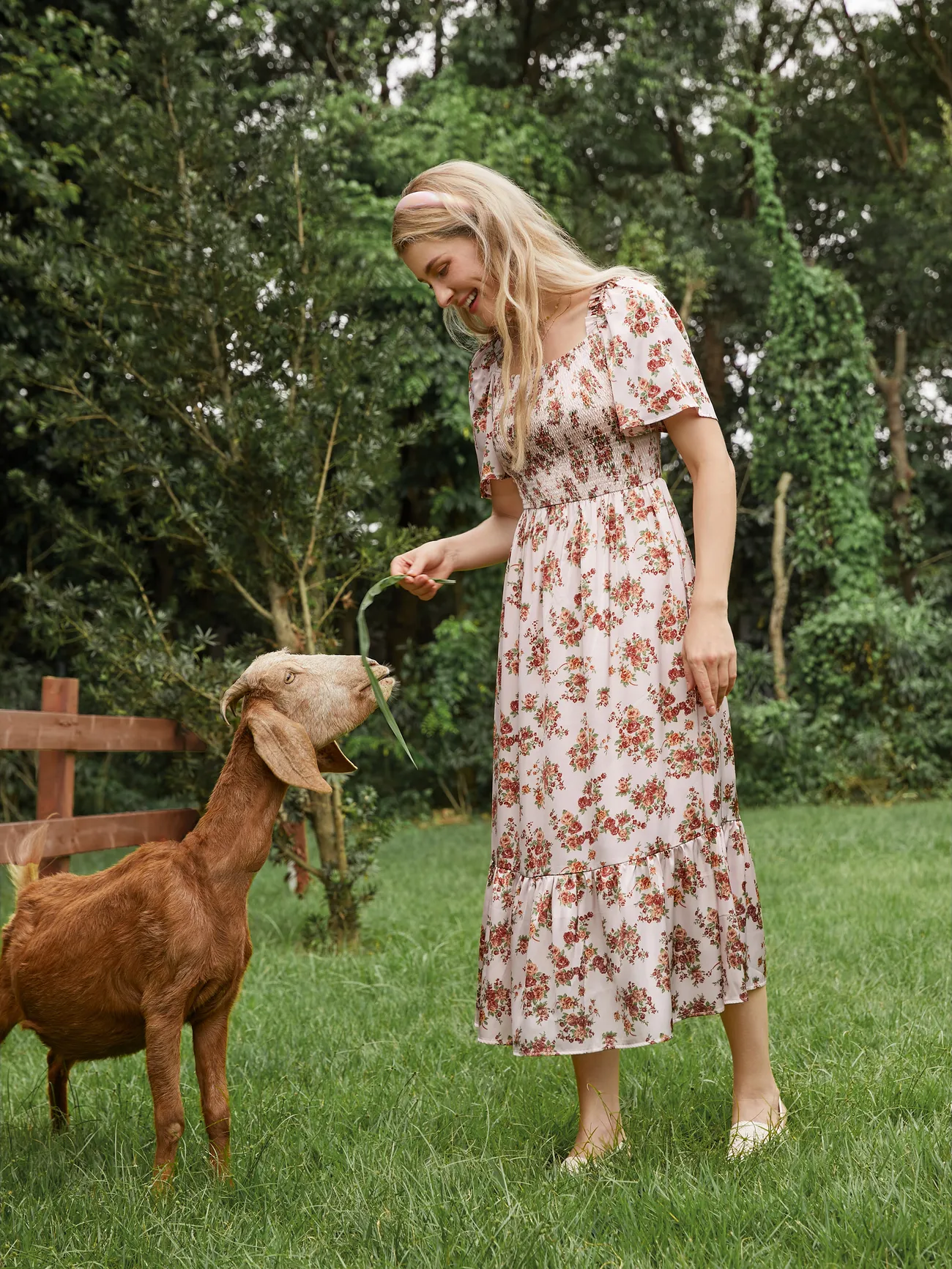 

Mommy and me Floral Pink Smocked Top Ruffle Hem Short Sleeves Midi Dress