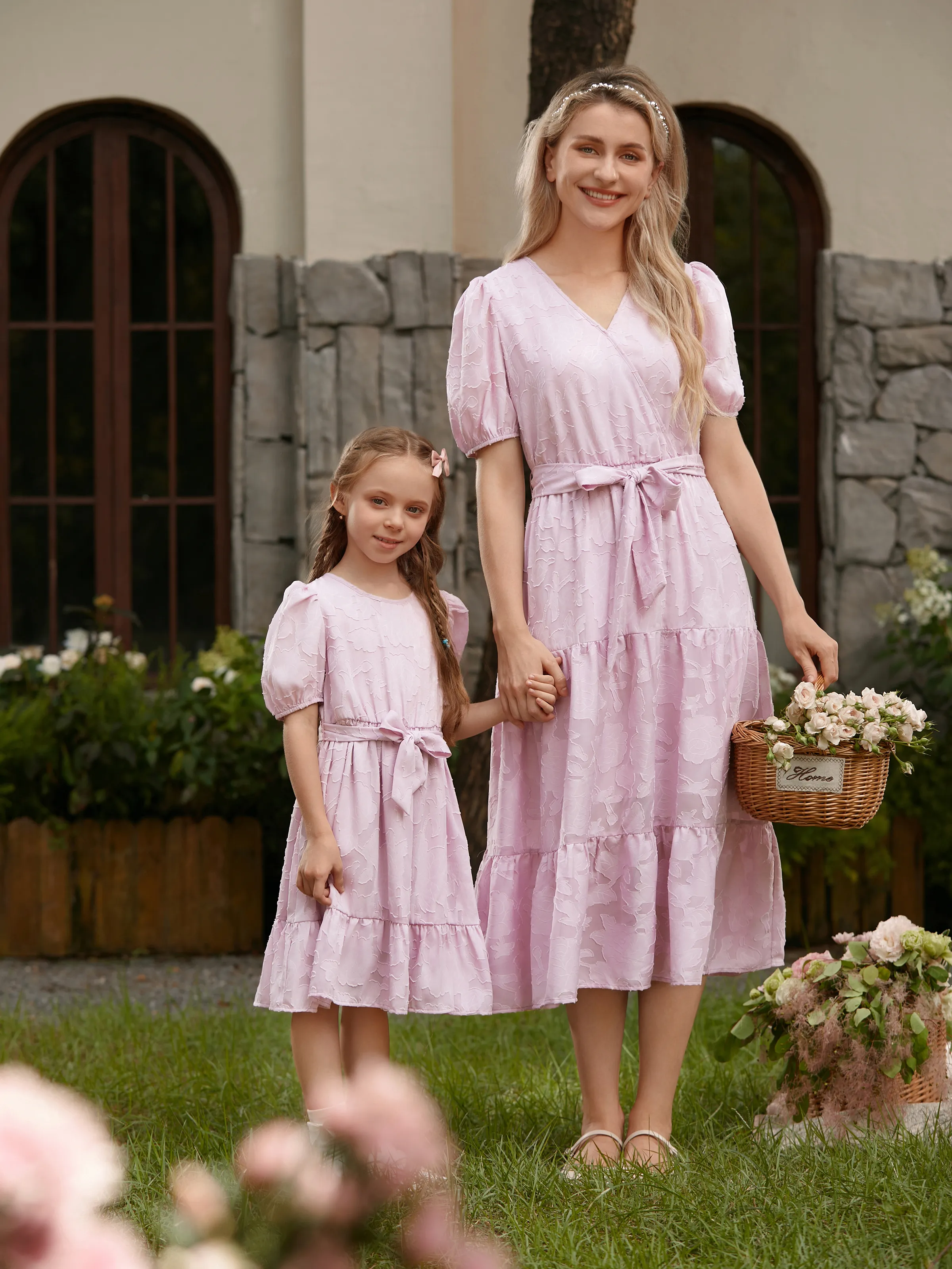 Mommy and Me Dresses- Pink Jacquard Puff Sleeves Belted Tiered Dresses for Wedding Guest (Hidden Snap)