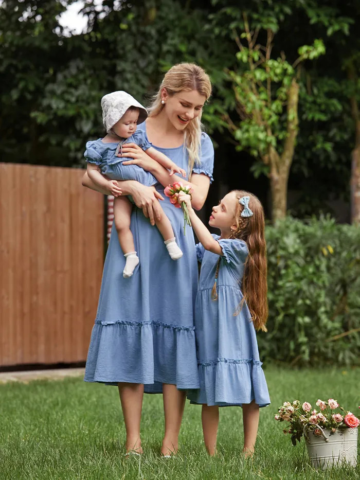 Mommy and Me Blue Cotton Round Neck Bubble Sleeves Ruffle Hem Dresses