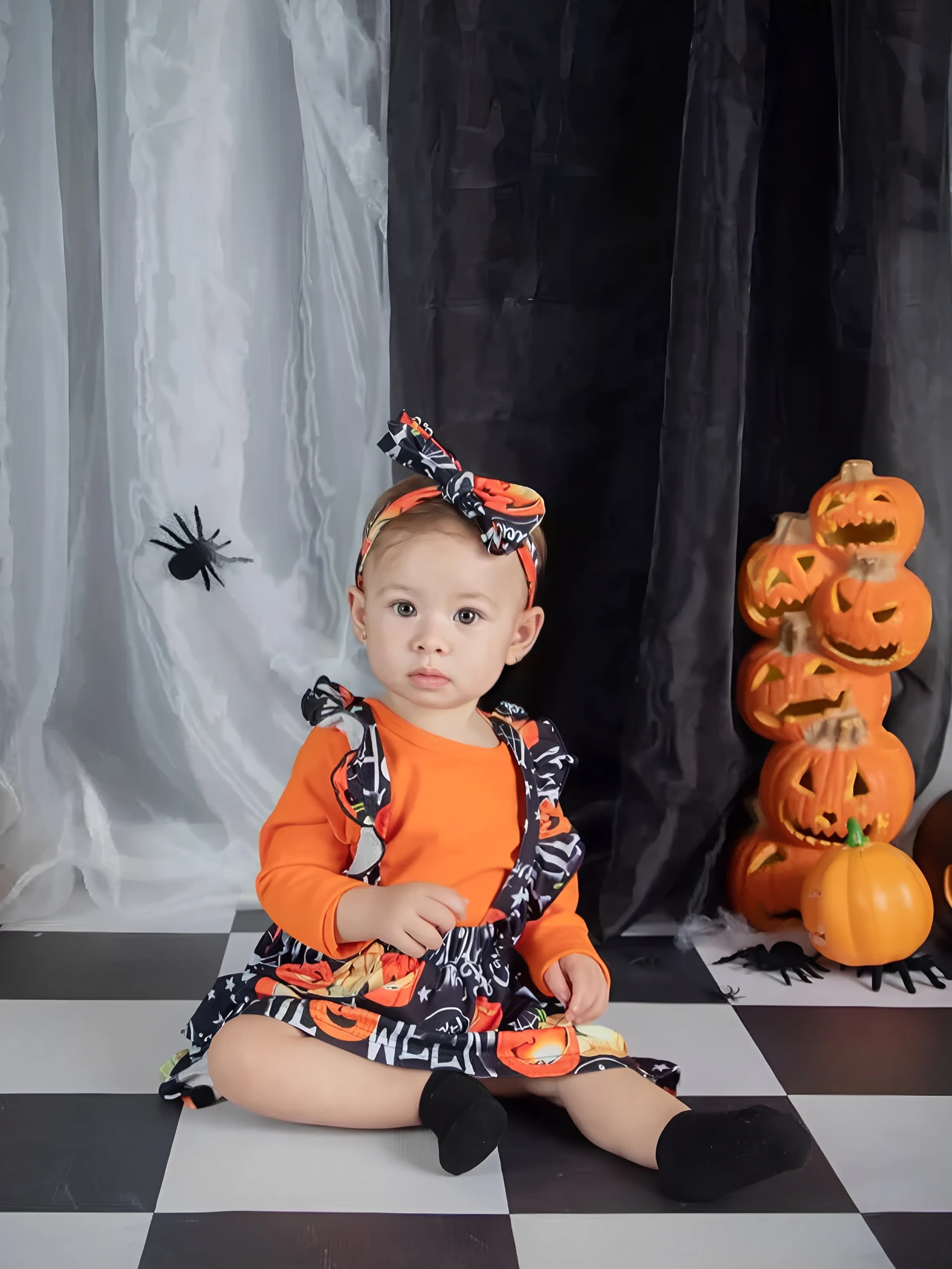 Baby Girl Halloween 3pcs Romper and Overall Dress with Headband Set Only 19.99 PatPat US Mobile