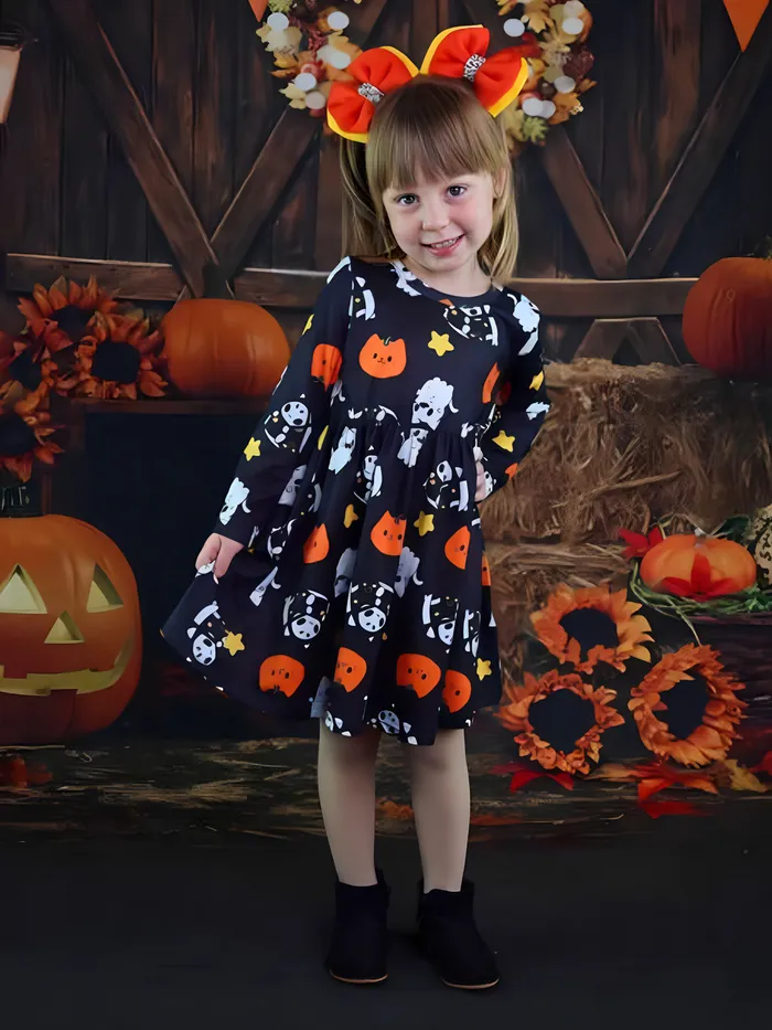 Toddler Girl Halloween Ghost Print Long-sleeve Dress