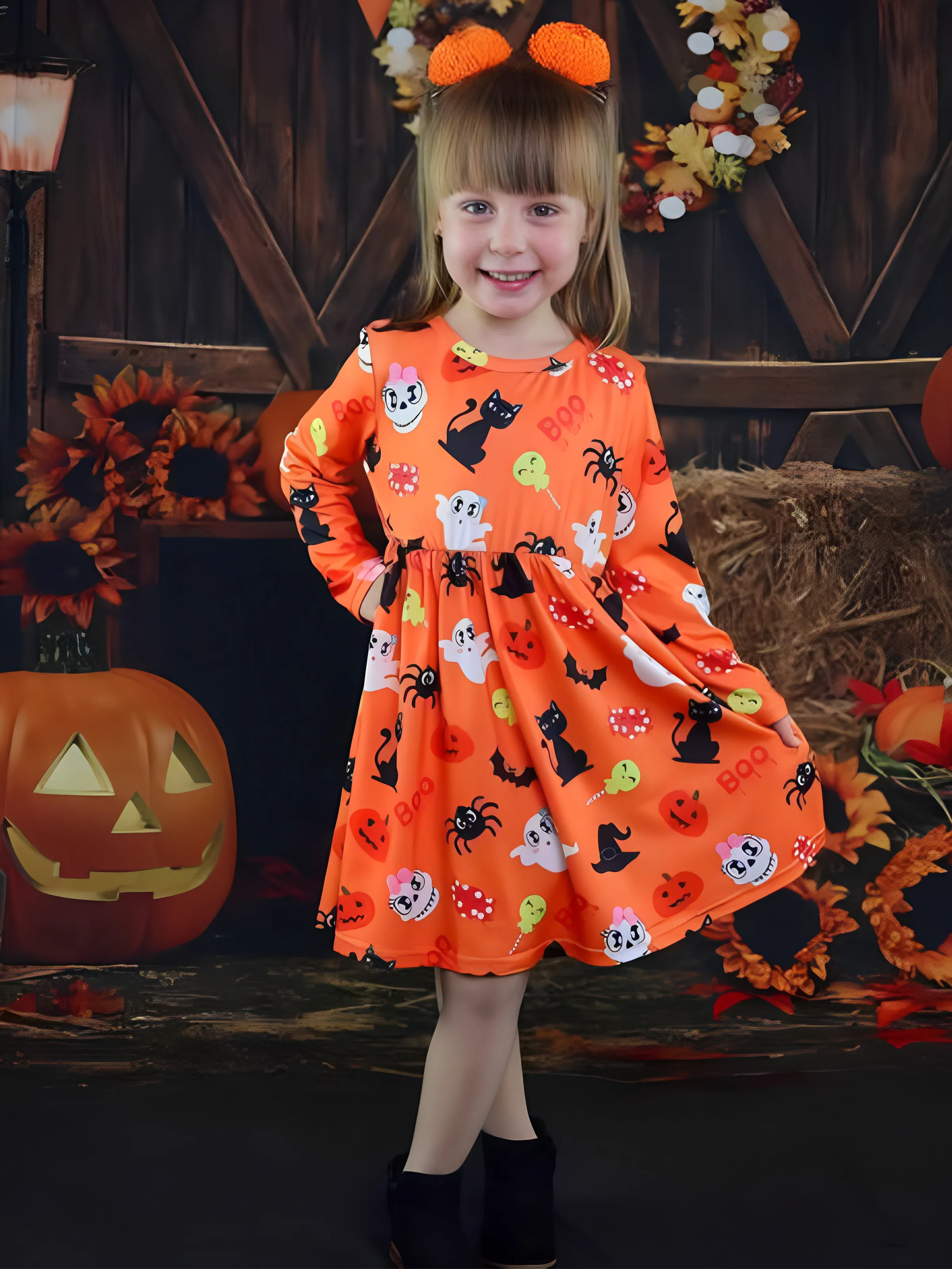 

Toddler Girl Halloween Ghost Print Long-sleeve Dress