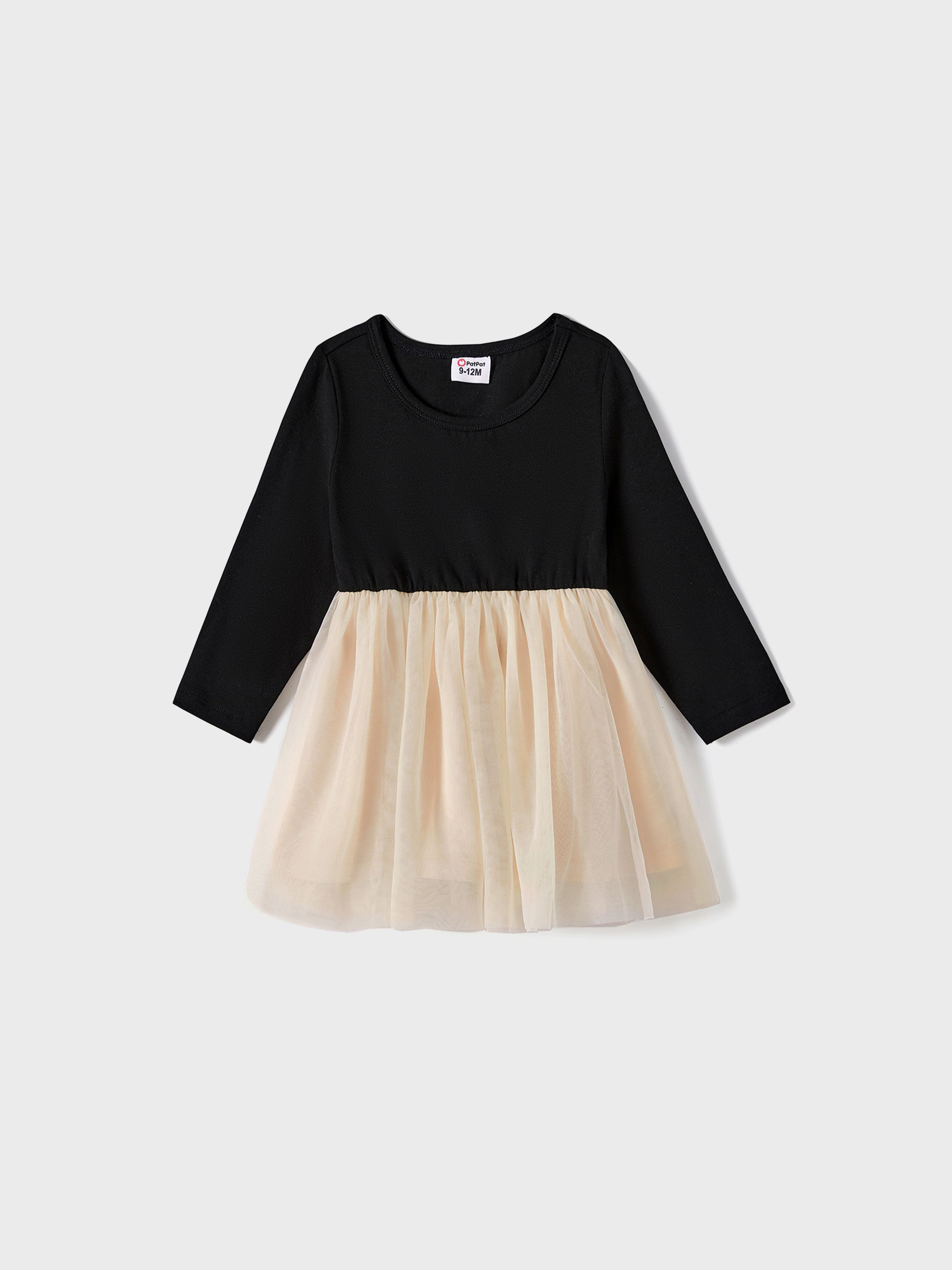 

Family Matching Black-Almond Mesh Skirt and Classic Round Neck Long Sleeve Tops Sets