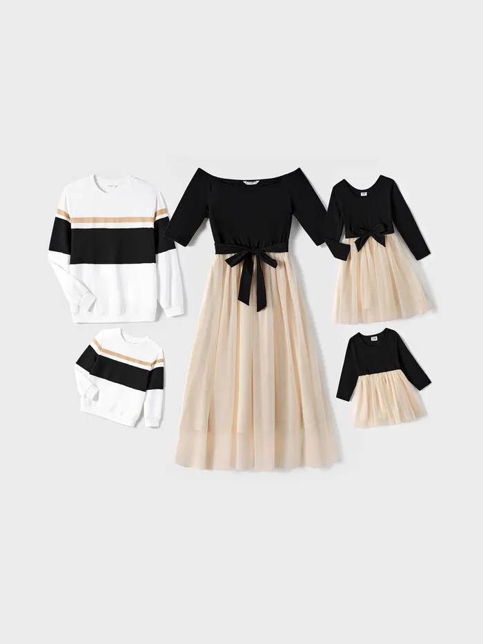 Family Matching Black-Almond Mesh Skirt and Classic Round Neck Long Sleeve Tops Sets