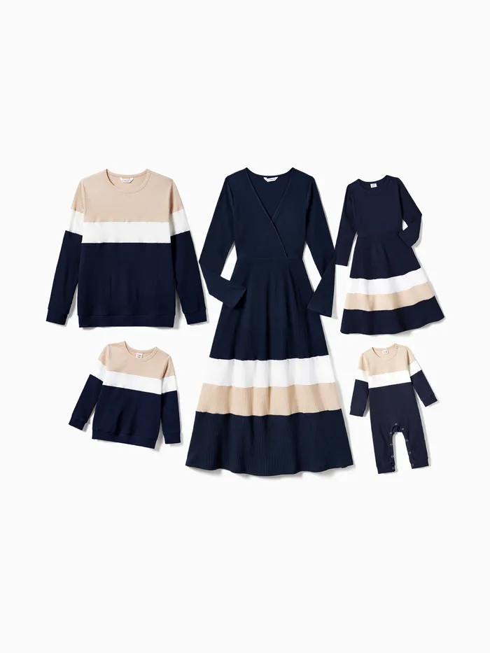 Matching Family Outfits for Fall Pictures - Navy Blue Knit Dresses And Tops Sets Color-Block