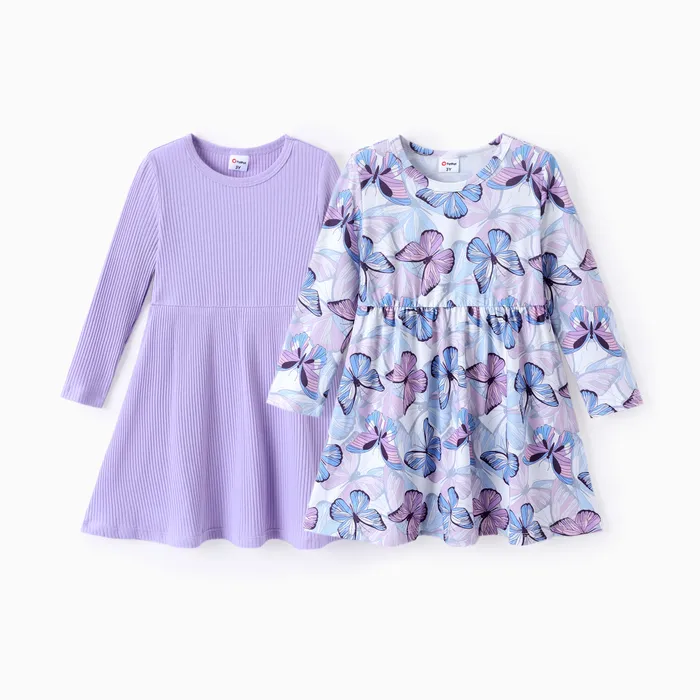 Niña pequeña 2pcs Color sólido y vestido con estampado de mariposas