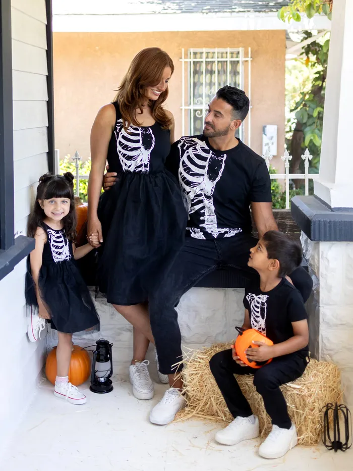 Conjuntos de Correspondência para a Família de Halloween Camiseta Esqueleto Assustador ou Vestido de Tule Sem Mangas A-Line