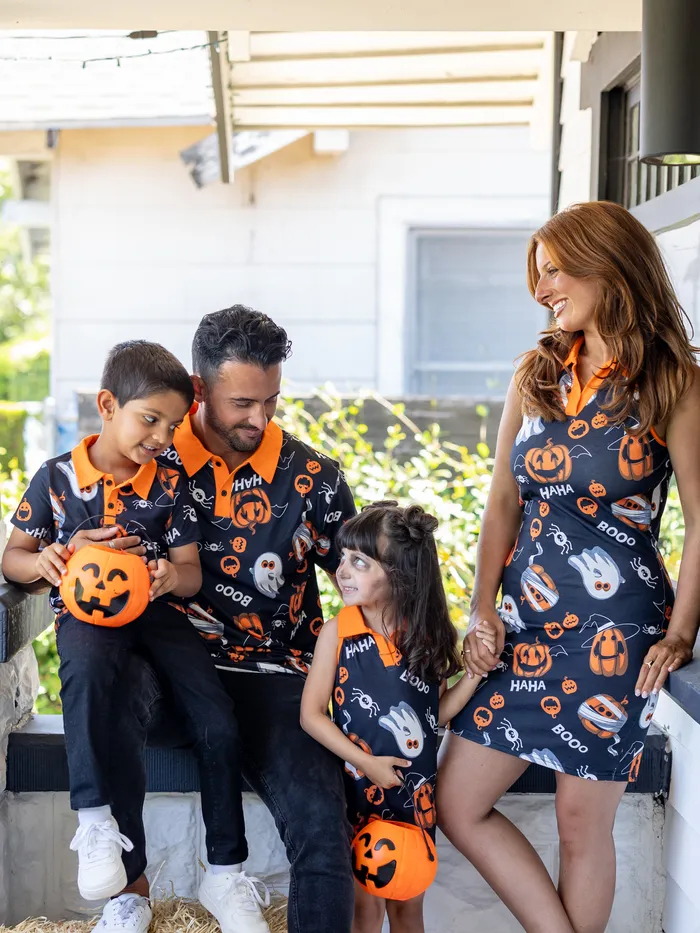 Halloween Family Matching Sets Allover Pumpkin Ghost Spiderweb Pattern Polo Shirt or Ruched Sleeveless Dress 