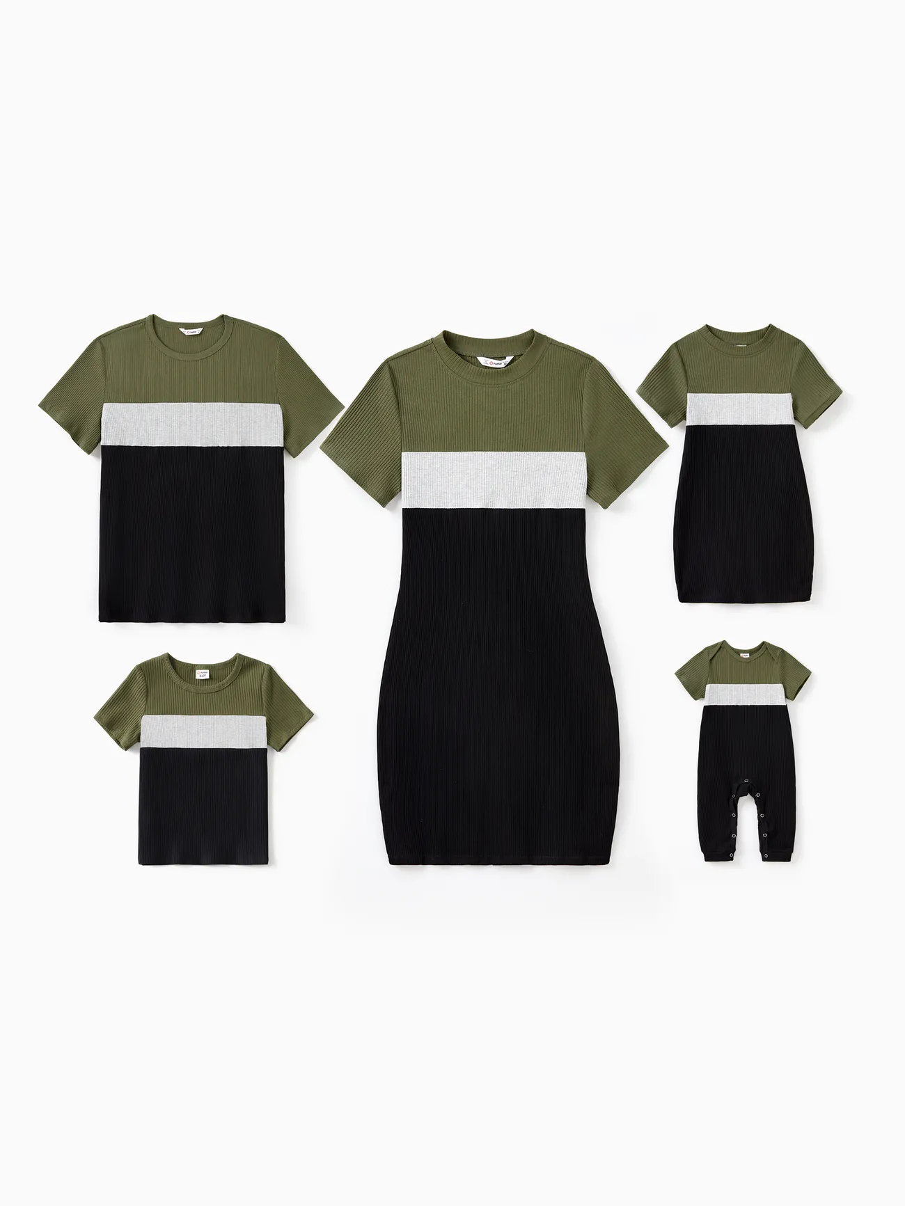 Family Matching Sets Ribbed Three-Color Block Short Sleeves Tee or Bodycon Dress - MultiColour - image 1