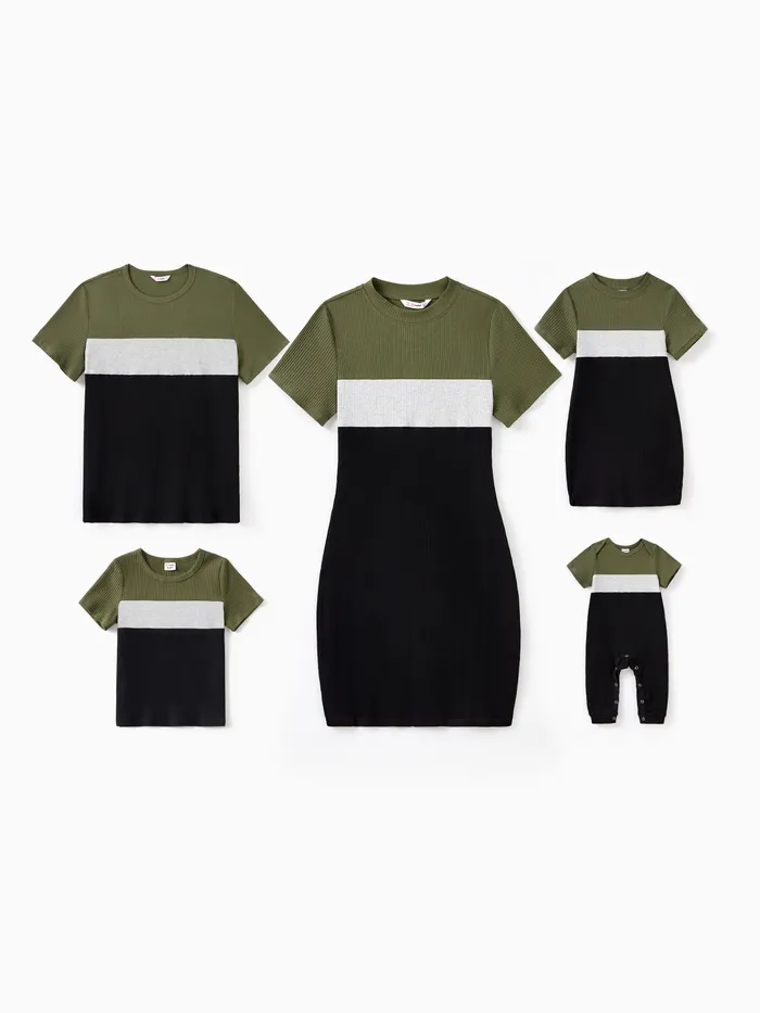 Family Matching Sets Ribbed Three-Color Block Short Sleeves Tee or Bodycon Dress