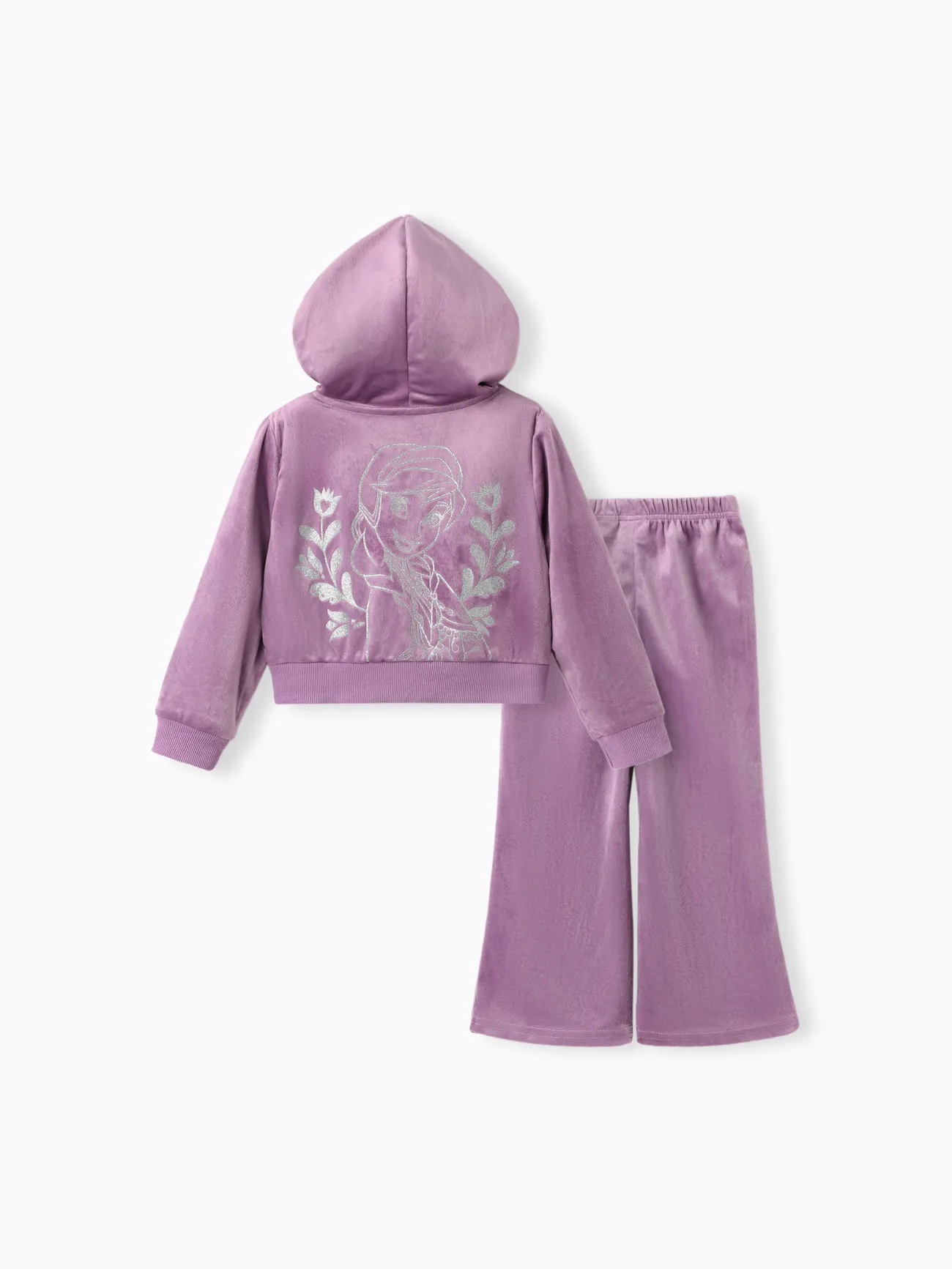 Disney Frozen Toddler Girl 2pcs ELsa/Anna Chaqueta con capucha con cremallera de terciopelo floral con conjunto de pantalones acampanados