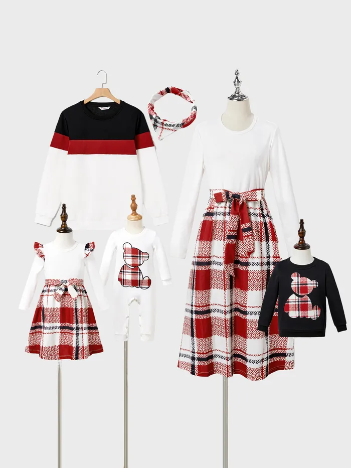 Family Matching Casual Long-sleeve Color-block Tops & Grid/Houndstooth Belted Dresses Sets 