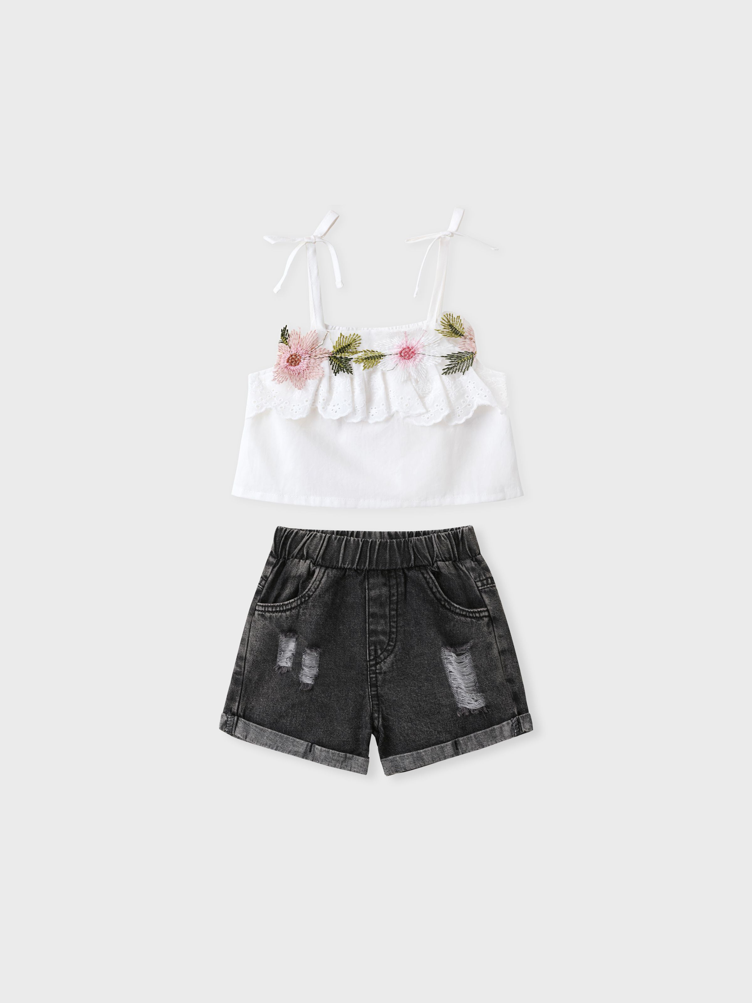 

2pcs Baby Girl 100% Cotton Floral Design Cami Top and Ripped Denim Shorts Set