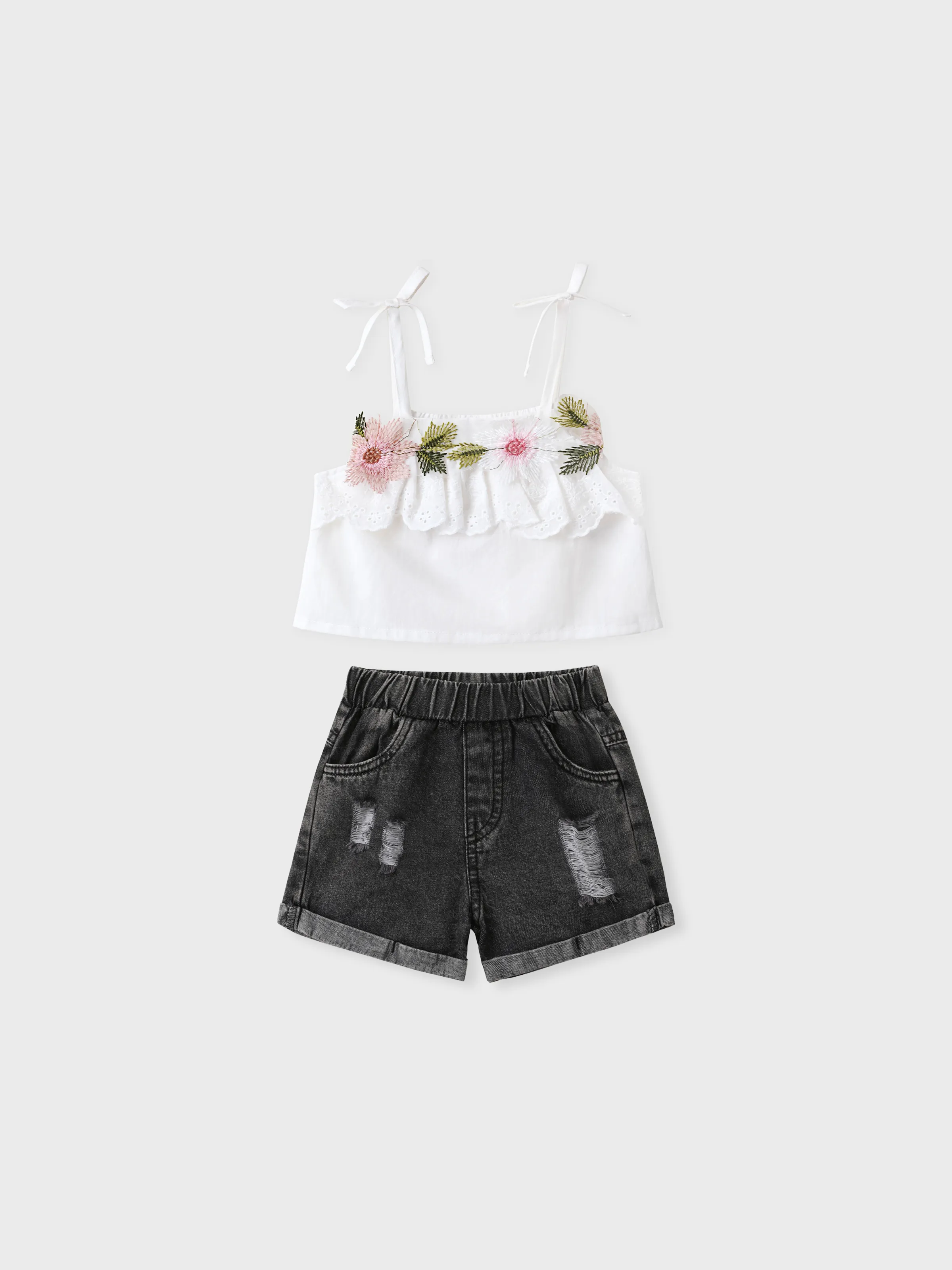 2pcs Baby Girl 100% Cotton Floral Design Cami Top and Ripped Denim Shorts Set