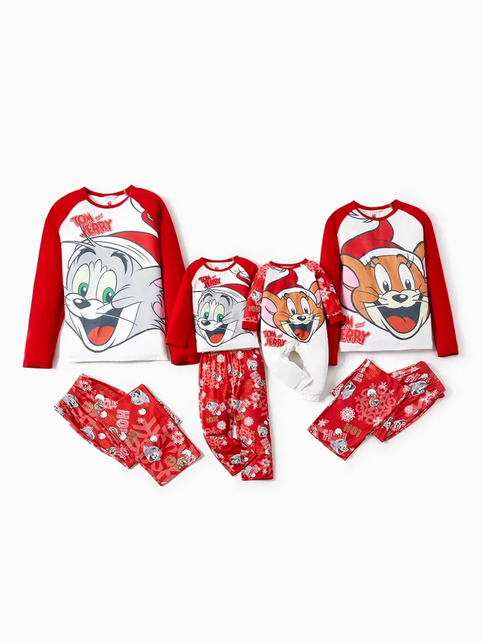 Tom and Jerry Family Matching Red Christmas Graphic Raglan-sleeve Pajamas Sets (Flame Resistant)