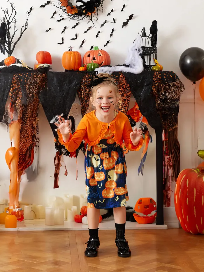 2pcs Toddler Girl Halloween Letter Pumpkin Print Sleeveless Dress and Ruffled Cardigan Set