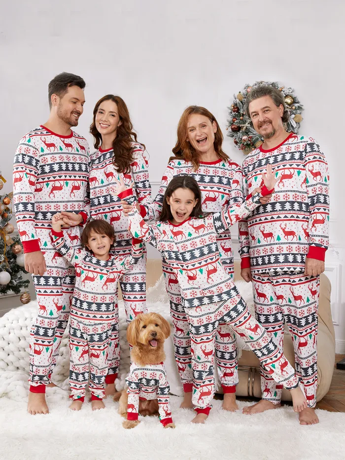 Family Christmas Pajamas All Over Reindeer Print Long-sleeve