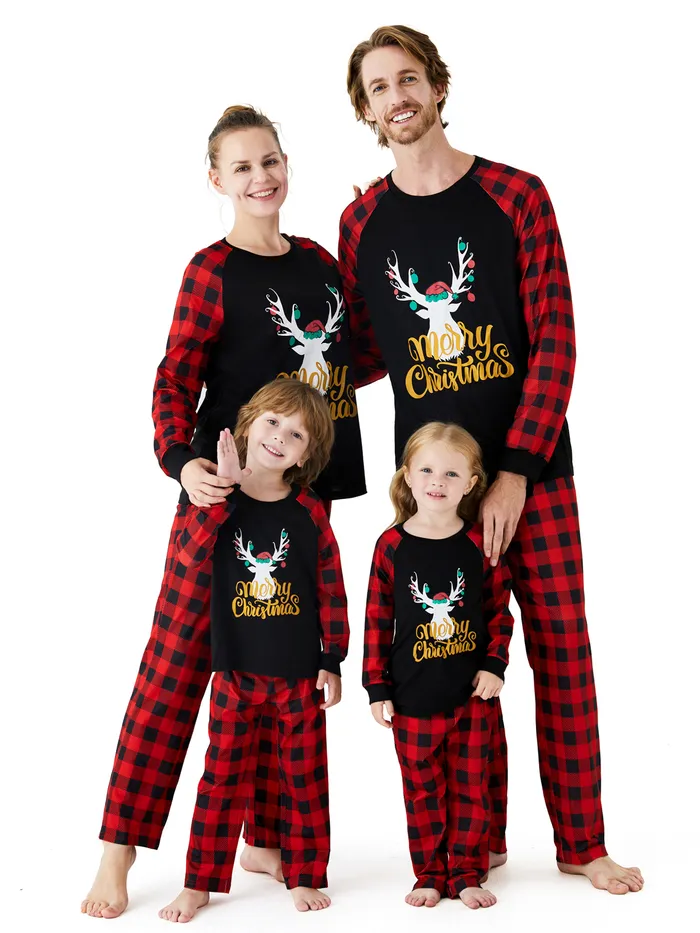 Christmas Pajamas for Family Plaid Pjs Letter Antler Print