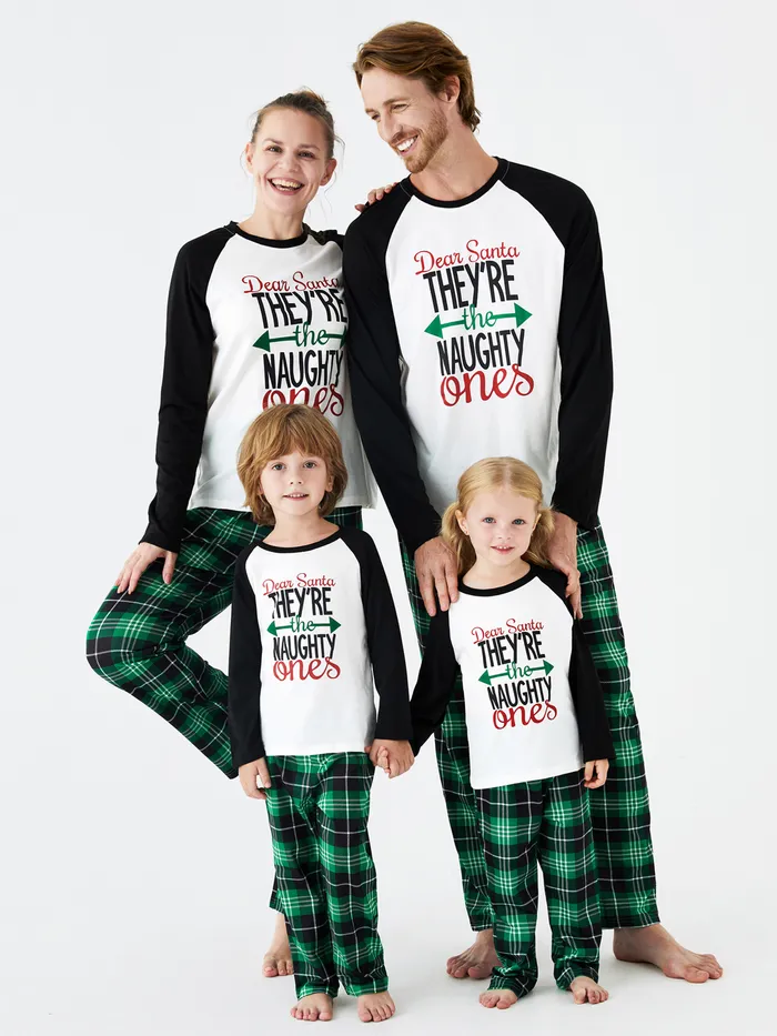 Christmas Letter Contrast Top and Plaid Pants Family Matching Pajamas Sets