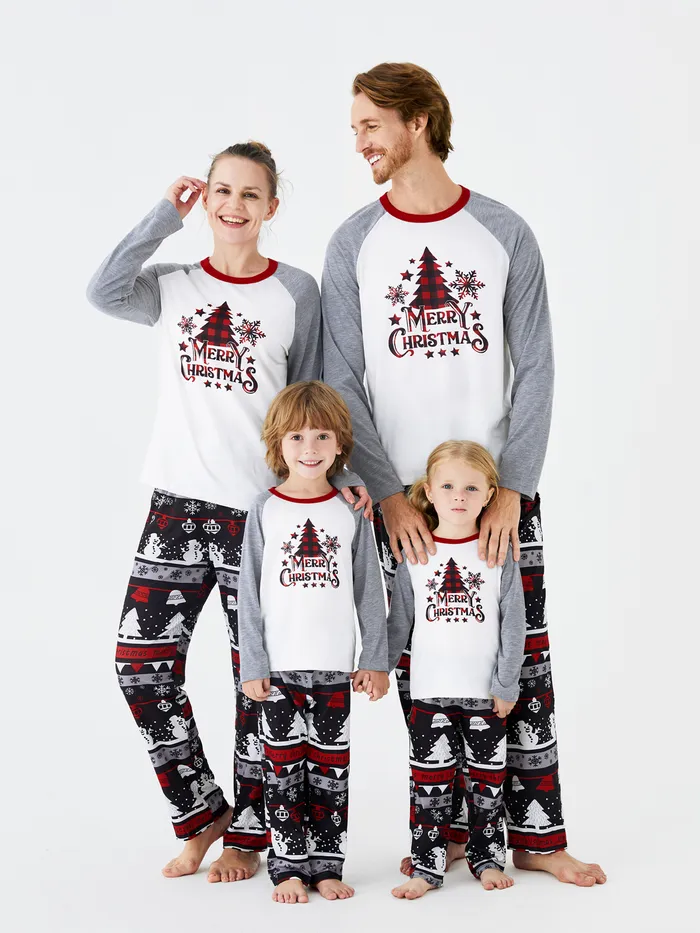 Christmas Tree Snowflake and Letters Print Grey Family Matching Long-sleeve Pajamas Sets 