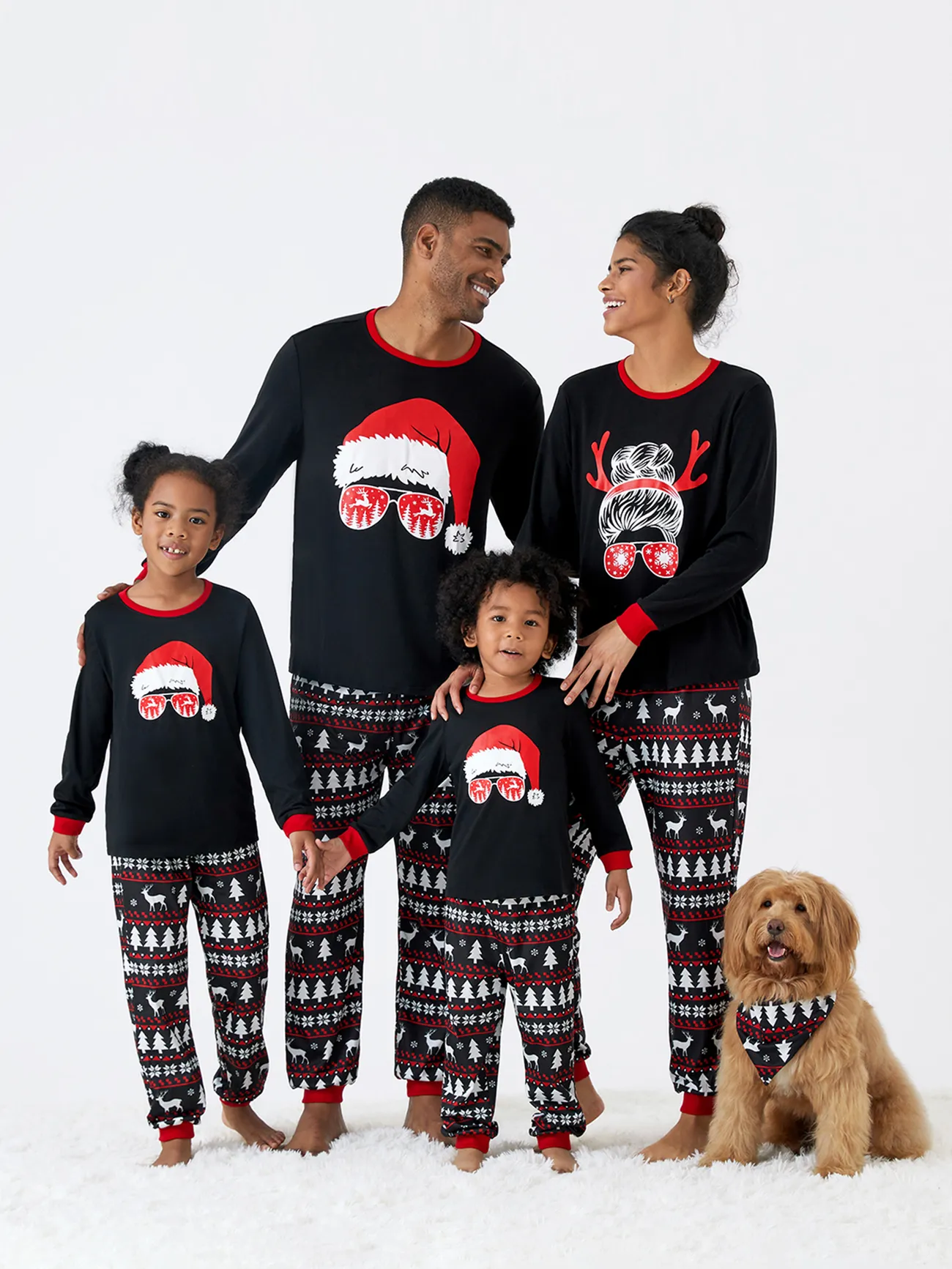 Christmas Family Matching Santa hats and Reindeers Print Long-sleeve Pajamas Sets 