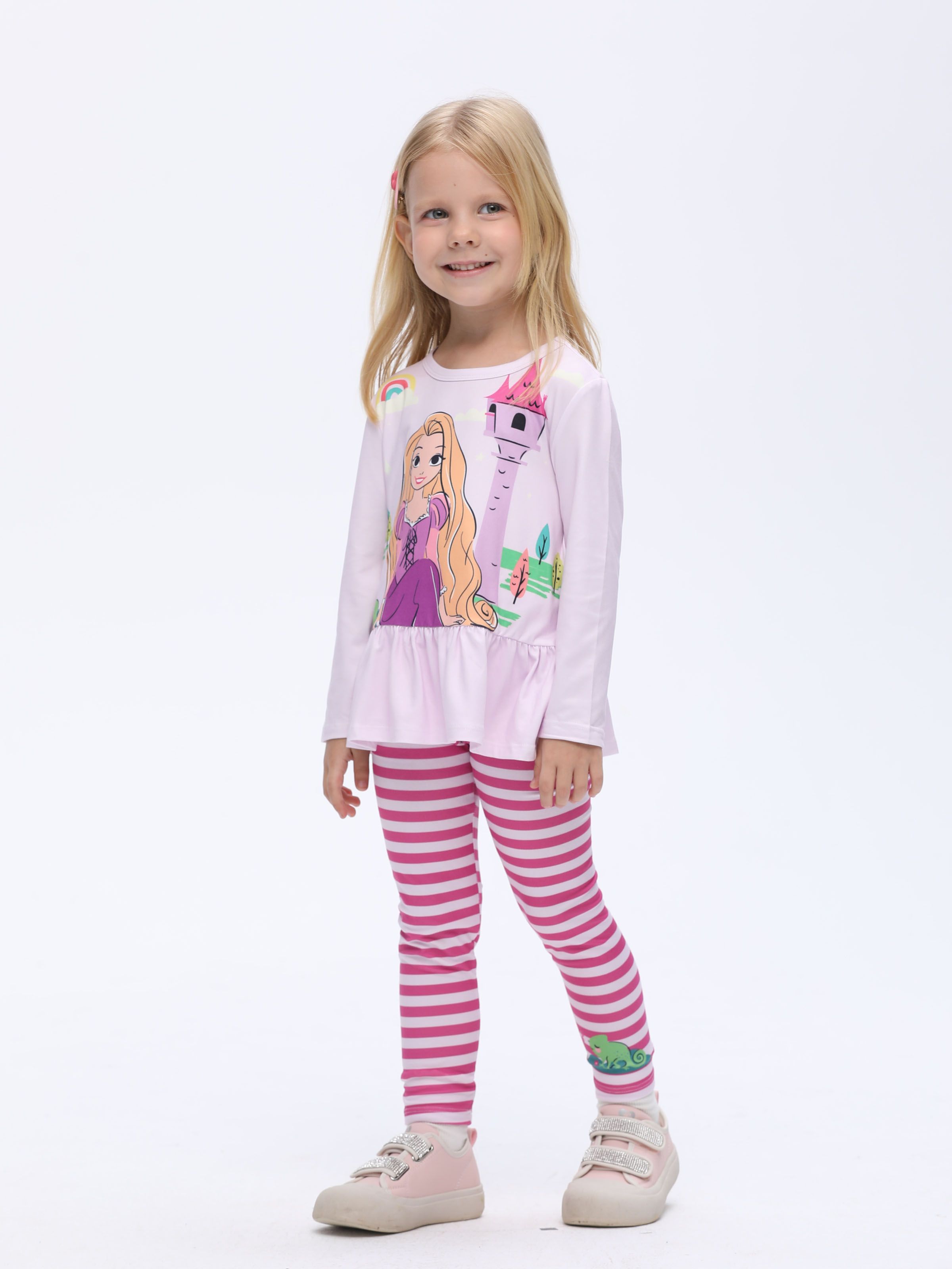 Disney Princess Toddler Girl 2pcs Character Print Peplum Long-Sleeve Tee and Stripe Pants Set