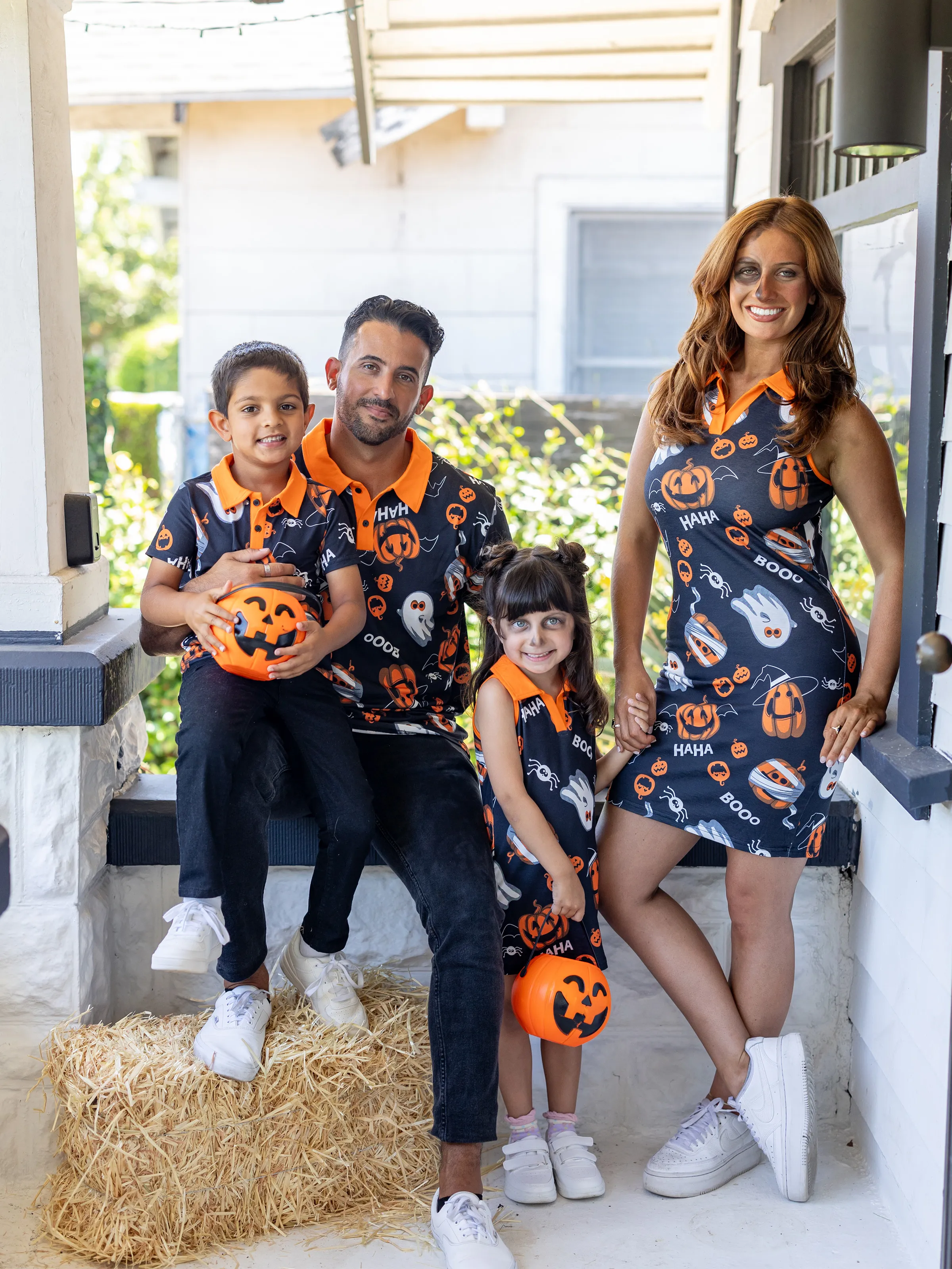 Halloween Family Matching Sets Allover Pumpkin Ghost Spiderweb Pattern Polo Shirt or Ruched Sleeveless Dress 