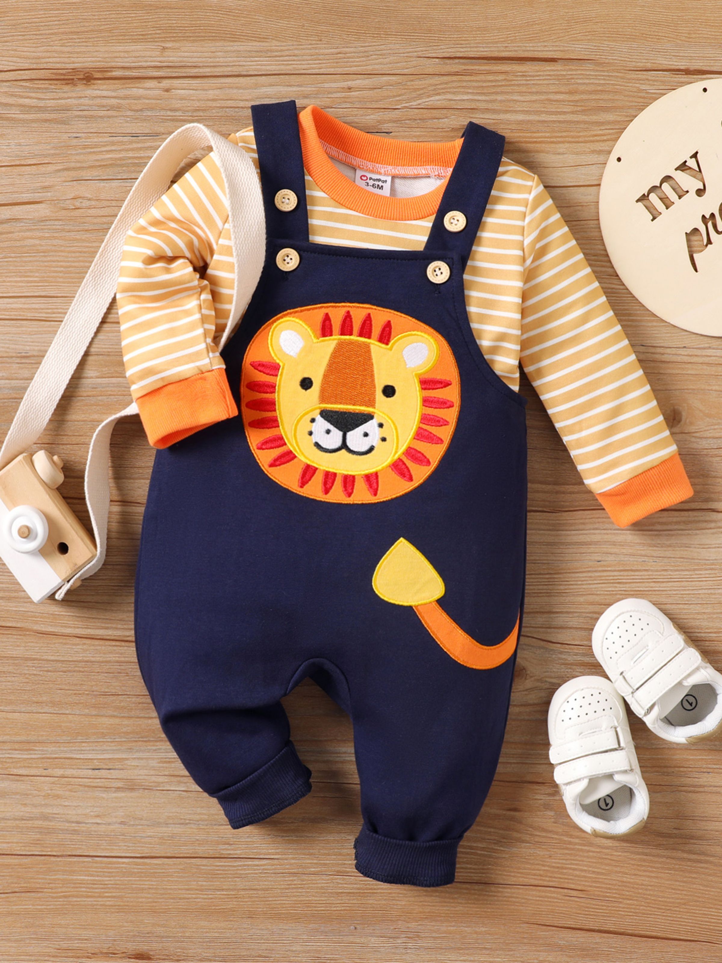 

Baby Boy 2pcs Stripe Sweatshirt and Lion Embroidered Overalls Set