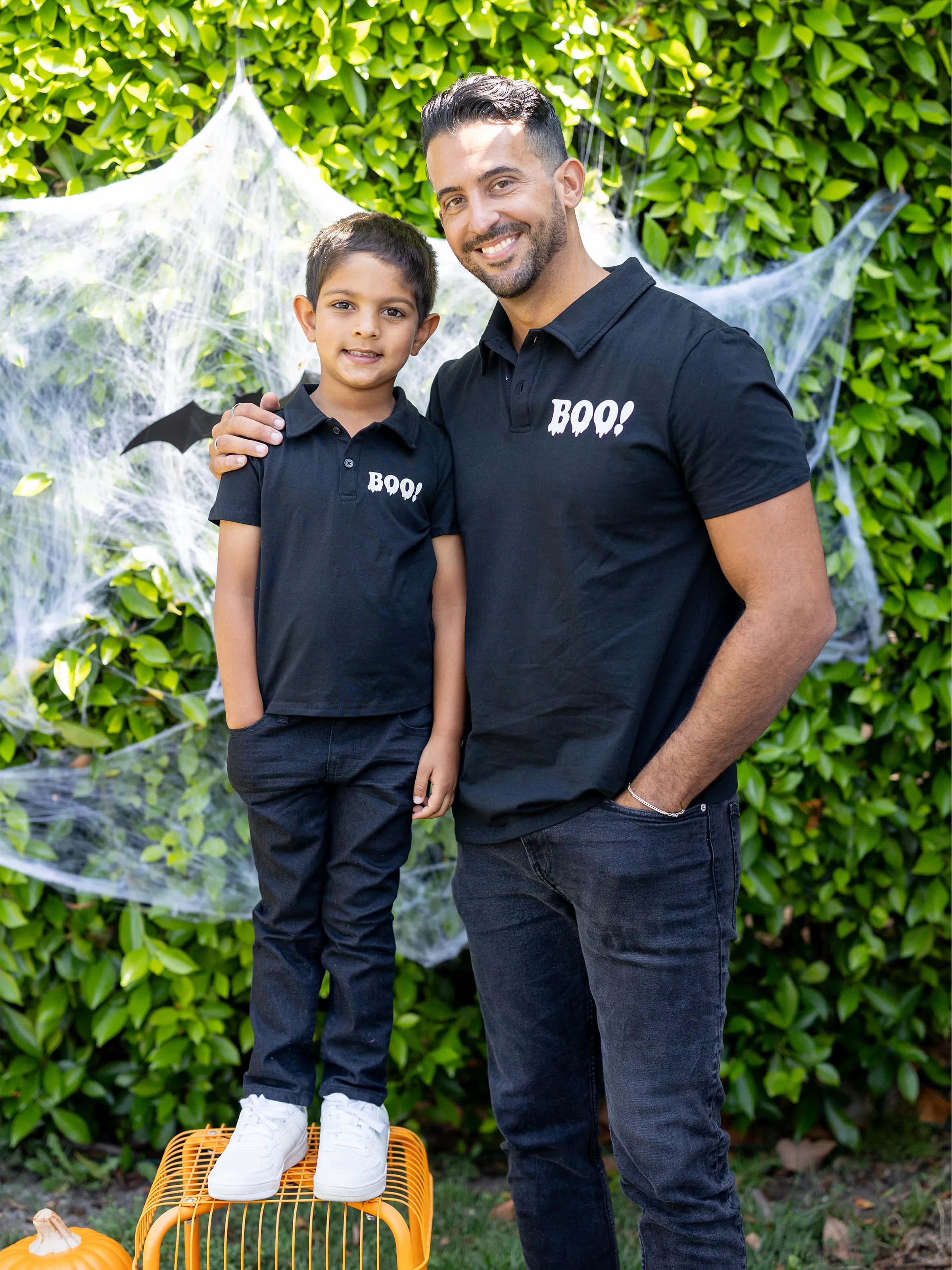 

Halloween Family Matching Sets Black Boo Print Polo Shirt or A-Line/Tulle Strap Dress Set with Cape