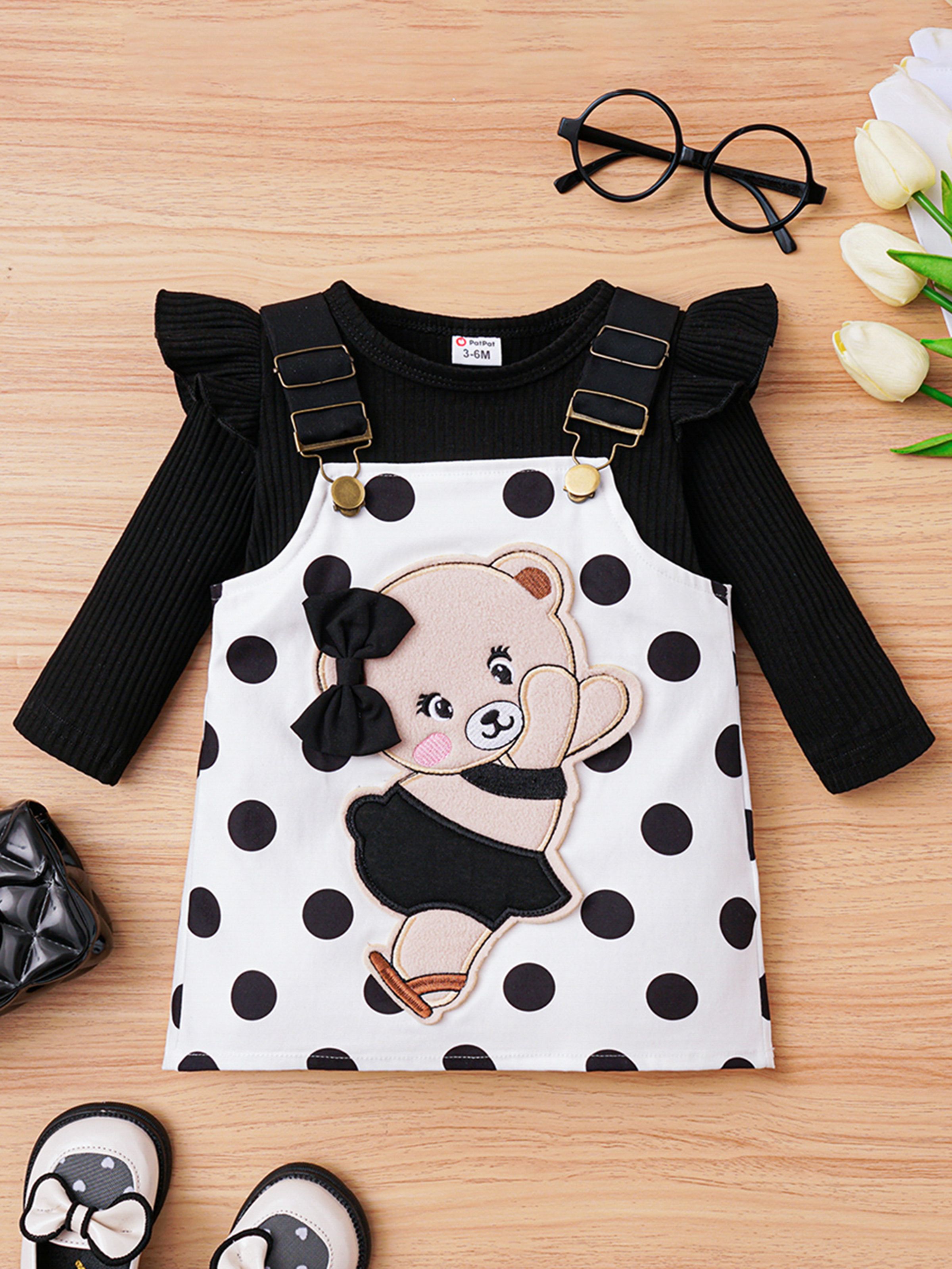 

2pcs Baby Girl Bear Pattern Polka Dots Strappy Dress and 95% Cotton Ruffle Solid Ribbed Long-sleeve Top Set