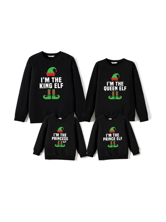 Christmas Family Matching Funny Elf Design Black Long Sleeves Tops