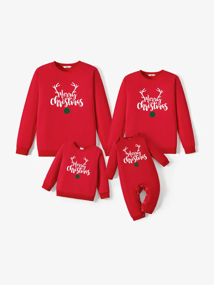 Christmas Family Matching Cotton Long Sleeves Reindeer Design Letter Print Tops in Red 