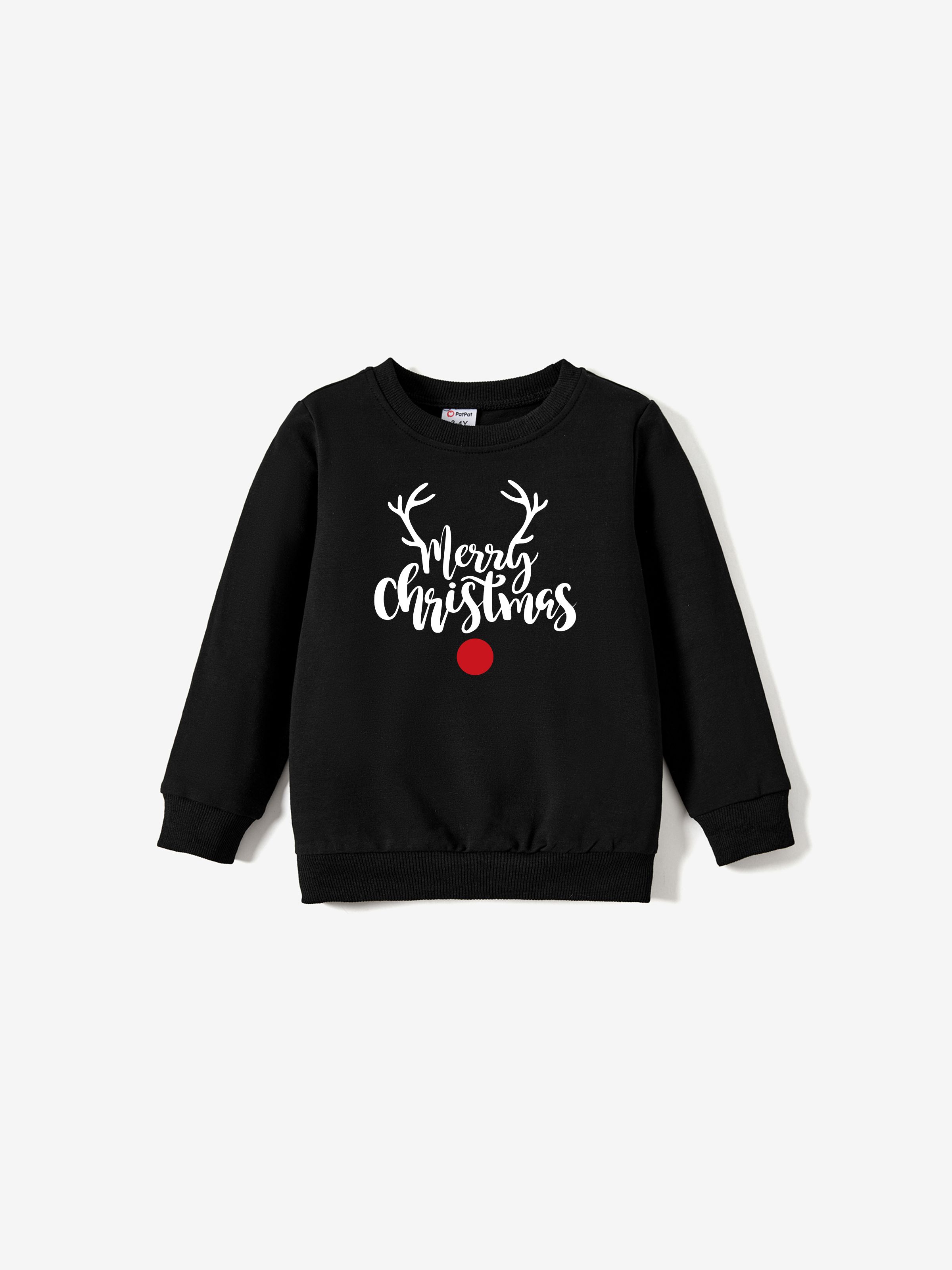 

Christmas Family Matching Cotton Long Sleeves Reindeer Design Letter Print Tops in Red & Black