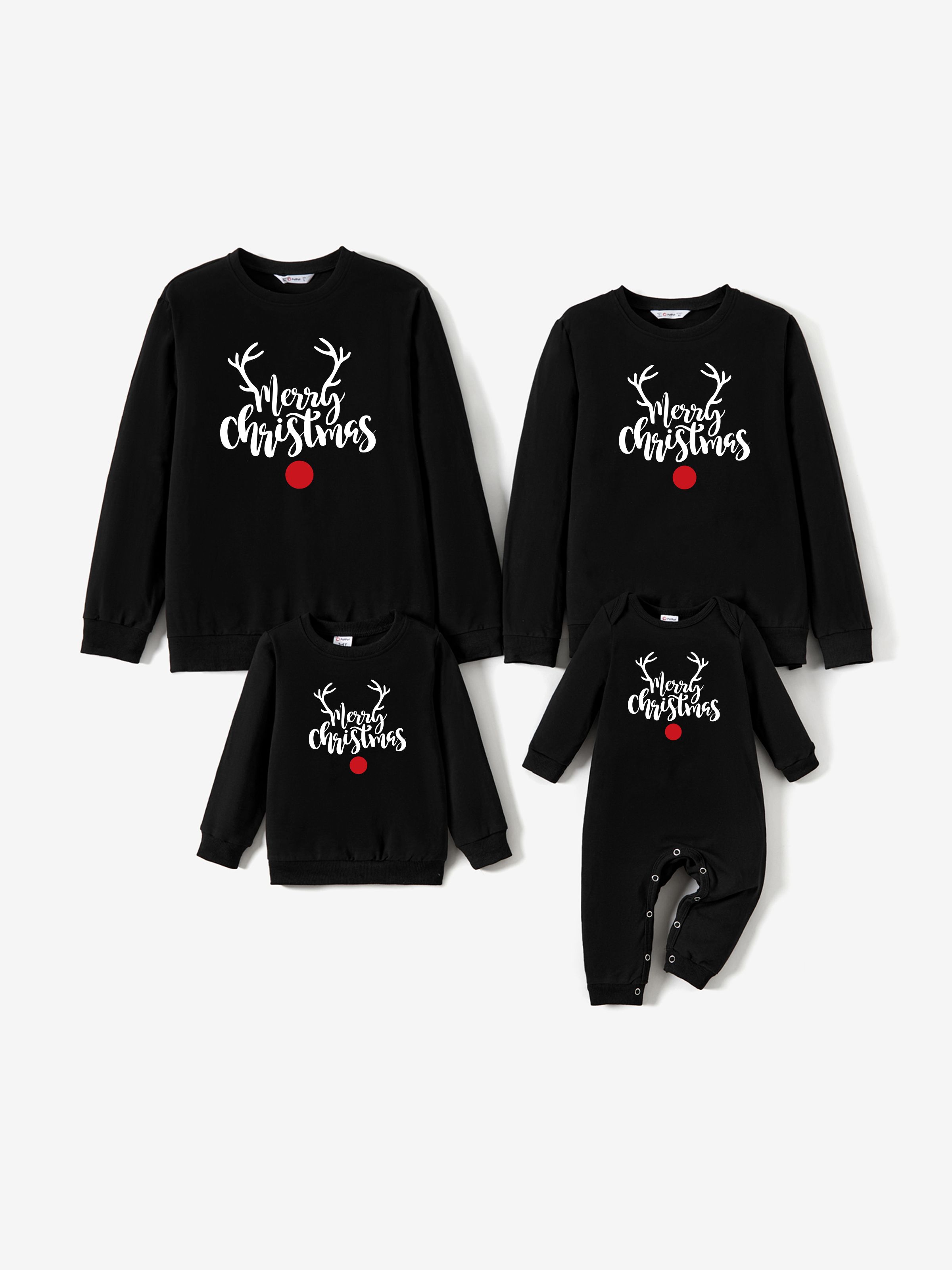 

Christmas Family Matching Cotton Long Sleeves Reindeer Design Letter Print Tops in Red & Black