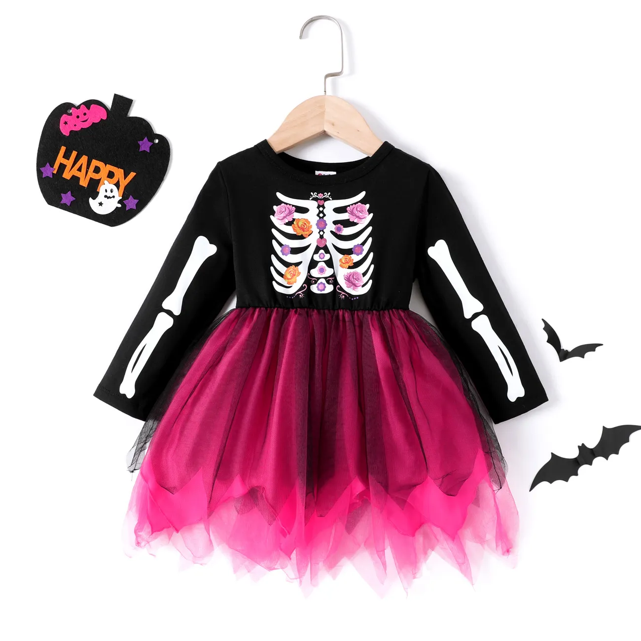 Toddler Girl Halloween Skeleton Print Mesh Splice Dress