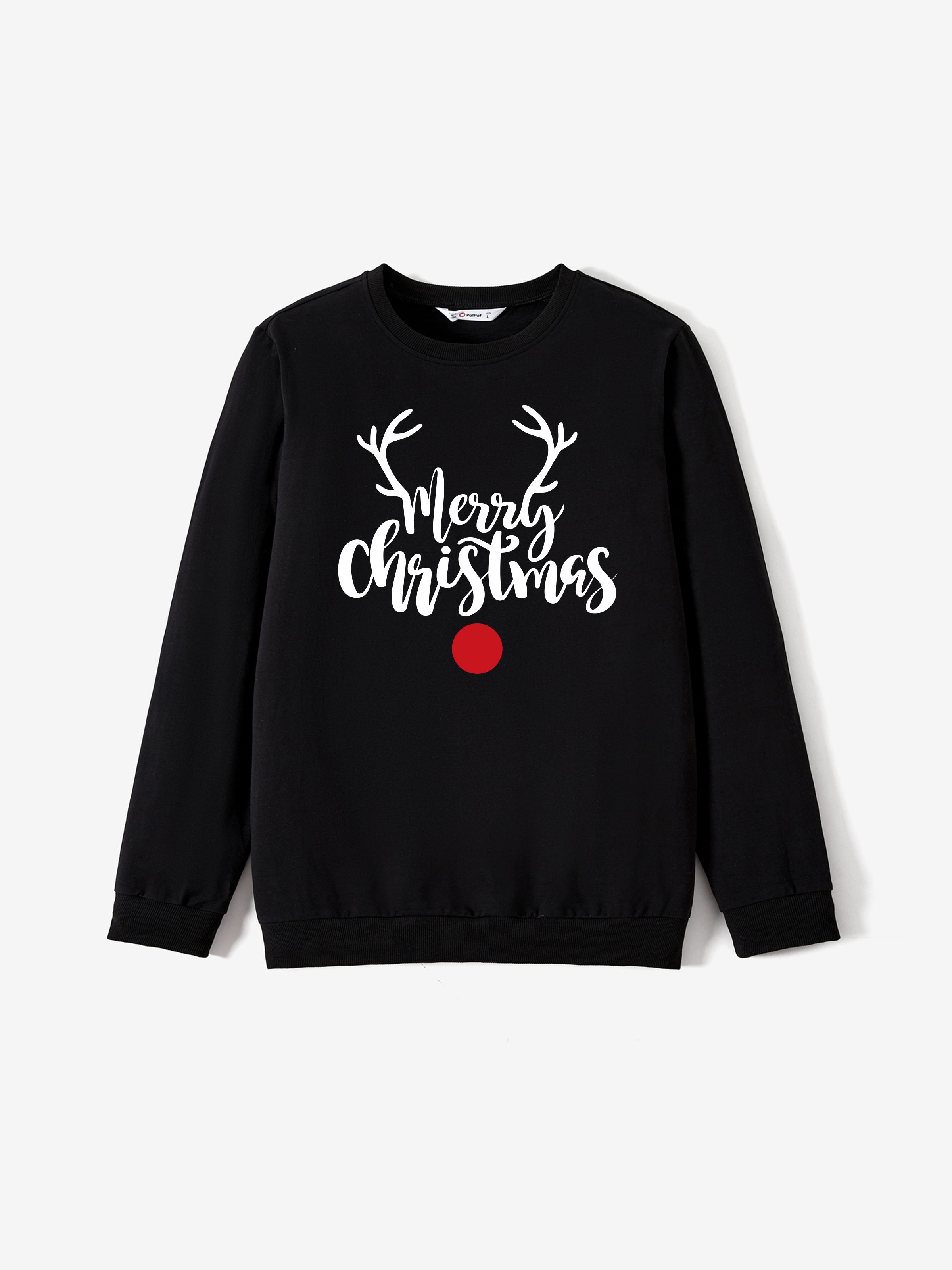 

Christmas Family Matching Cotton Long Sleeves Reindeer Design Letter Print Tops in Red & Black