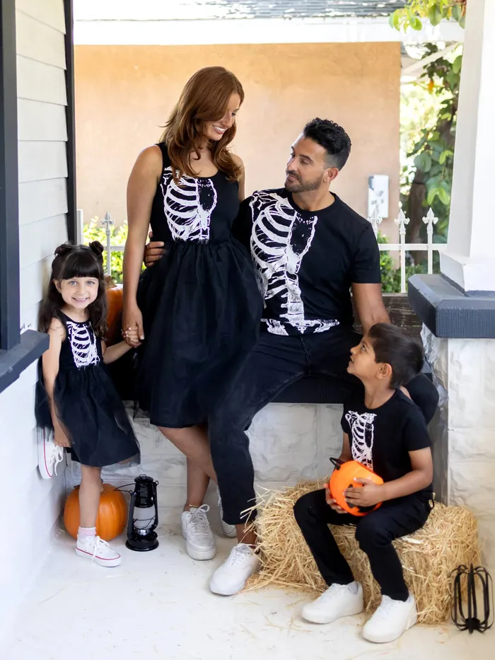 Black Matching Family Outfits - Skeleton Mommy Me Dresses and Dad Son Matching Shirts