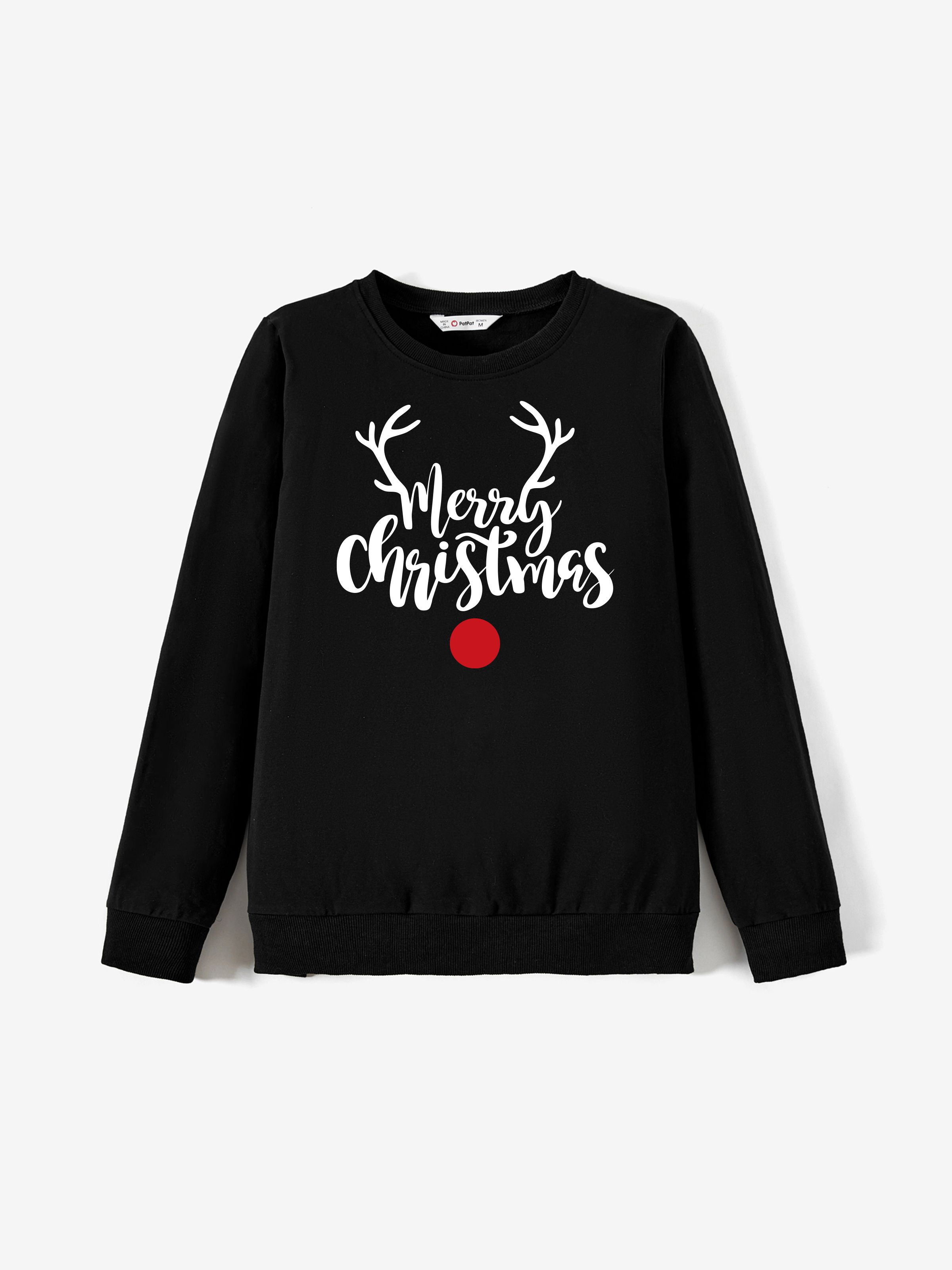 

Christmas Family Matching Cotton Long Sleeves Reindeer Design Letter Print Tops in Red & Black