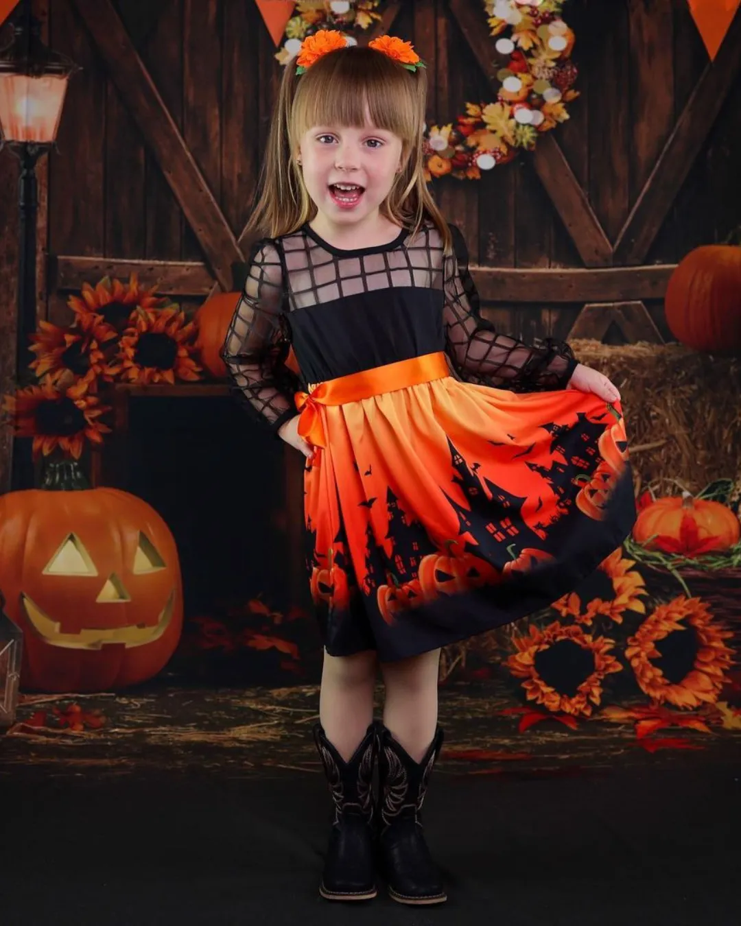 Vestido de malla con estampado de calabaza de Halloween para niños pequeños / niñas