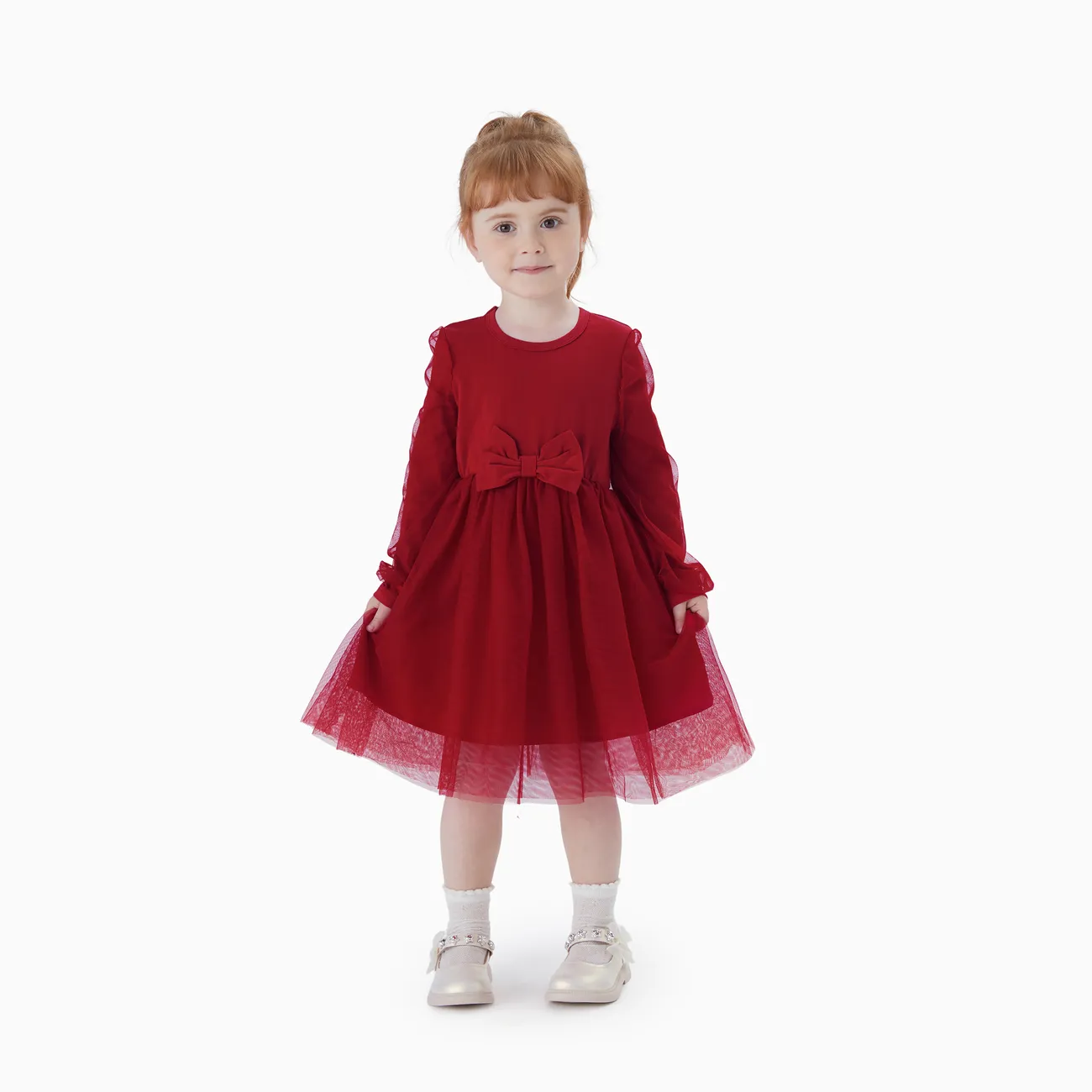 Family Matching Plaid Shirt Tops and Red Mesh Splice Belted Dresses Sets