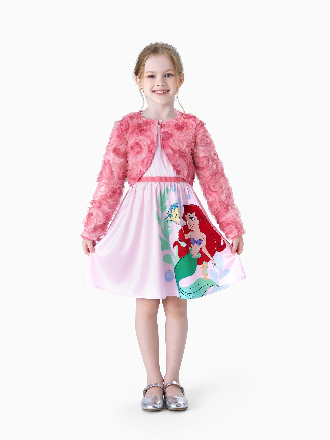 Pink - Disney Princess Toddler Girl 2pcs Ariel Floral Mesh Open Front Crop Jacket with Dress - image 2