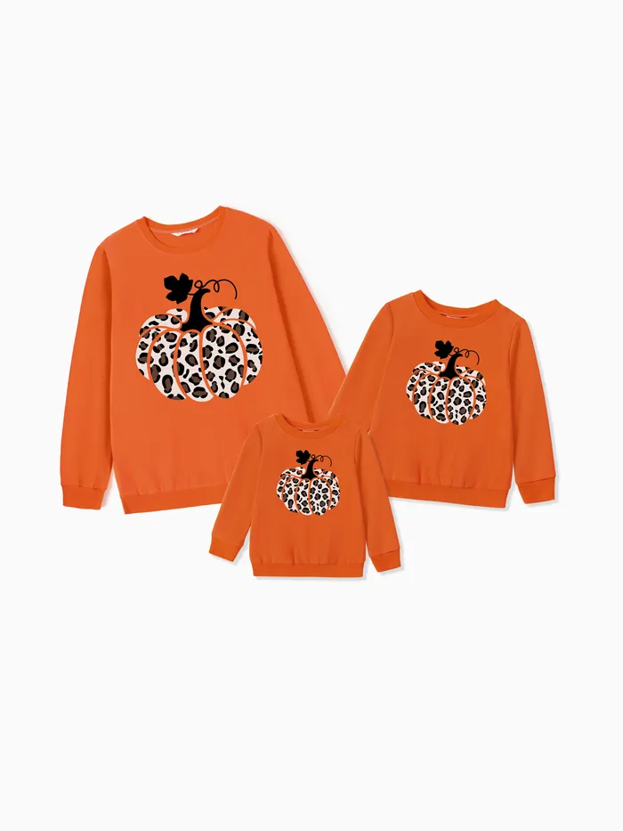 Halloween Mommy and Me Matching Long Sleeves Leopard-Print Pumpkin Graphic Tops