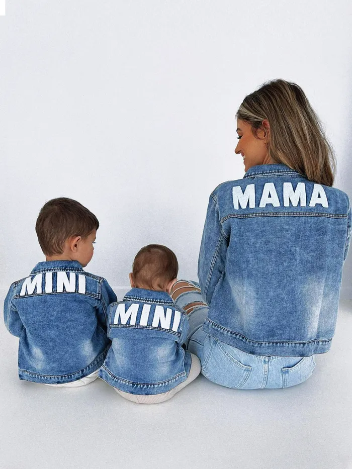 Mom and Me Light Blue Letter Design Long-sleeve Distressed Denim Jackets