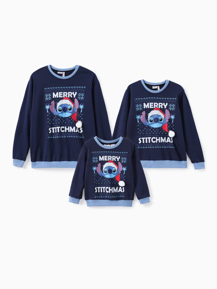 Disney Stitch Family Matching 3D Pompon Christmas Hat Crew Neck Long-sleeve Sweatshirt 