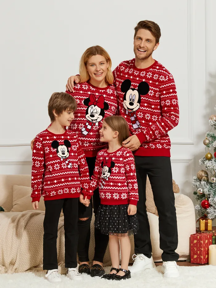 Disney Mickey and Friends Christmas Family Matching Snowflake Character Print Plush Crew Neck Sweatshirt